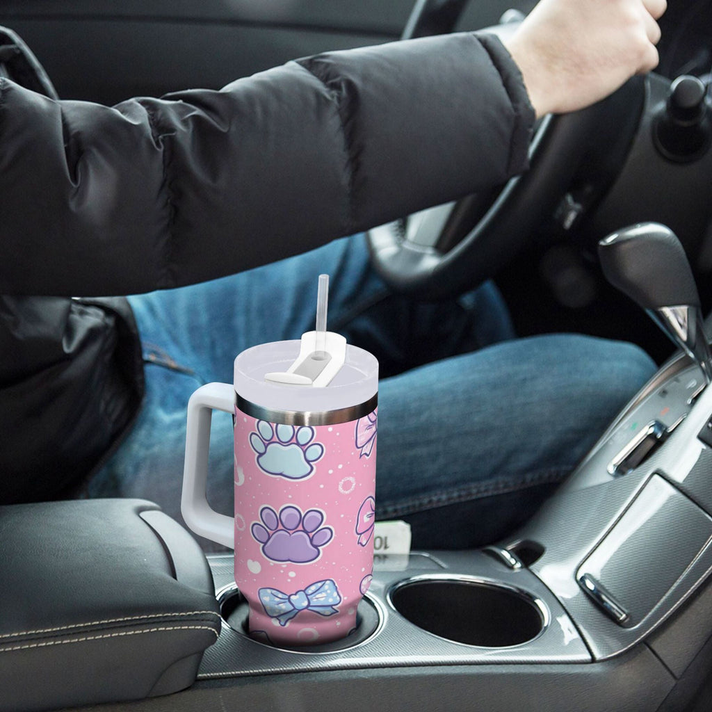 30 oz Insulated Stainless Steel Tumbler Double Wall Stainless Steel Tumbler with 2-Way Drinking Dog Paw Prints and Bows Edition-IJEB