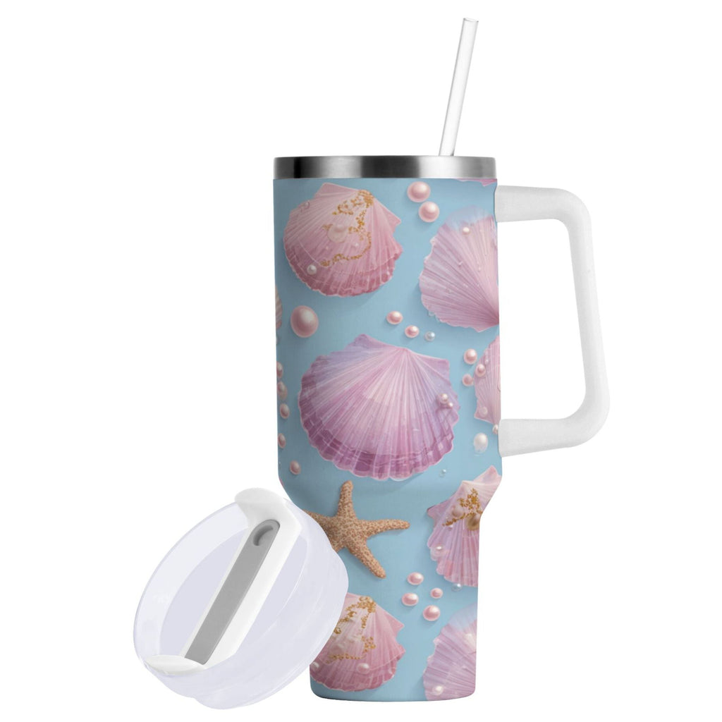 40 oz Insulated Stainless Steel Tumbler Double Wall Stainless Steel Tumbler with 2-Way Drinking Seashells and Pearls Pattern Edition-EKJY