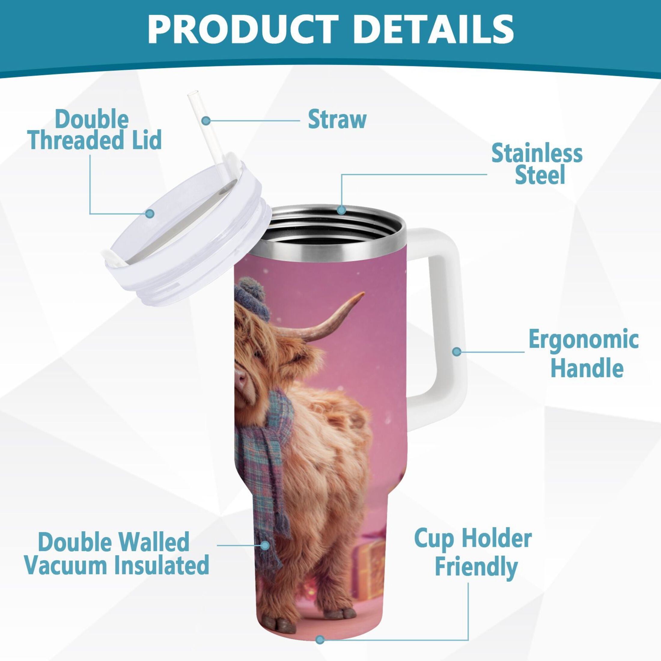 30 oz Insulated Stainless Steel Tumbler Double Wall Stainless Steel Tumbler with 2-Way Drinking Cow Wearing Christmas Edition-I5YN