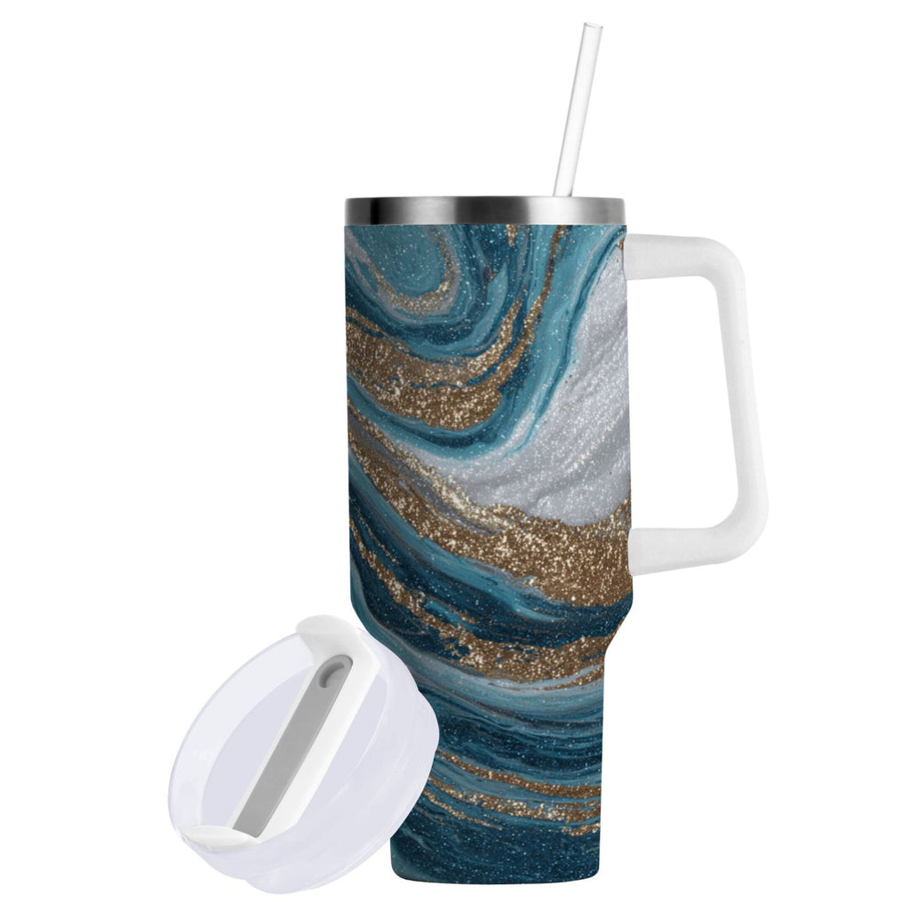 30 oz Insulated Stainless Steel Tumbler Double Wall Stainless Steel Tumbler with 2-Way Drinking Blue and Gold Swirling Edition-MPYL
