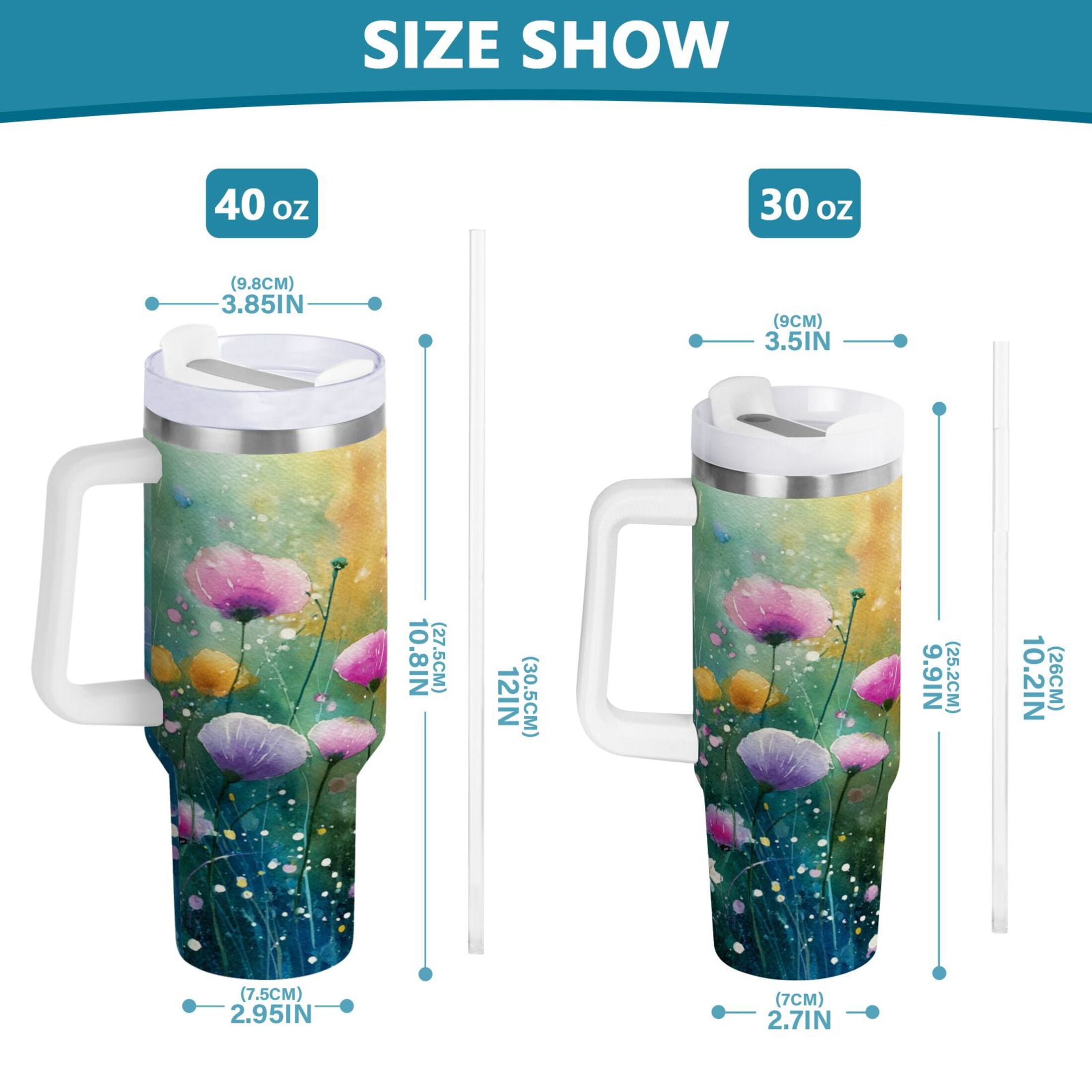 30 oz Insulated Stainless Steel Tumbler Double Wall Stainless Steel Tumbler with 2-Way Drinking Watercolor Wildflowers Edition-85KE