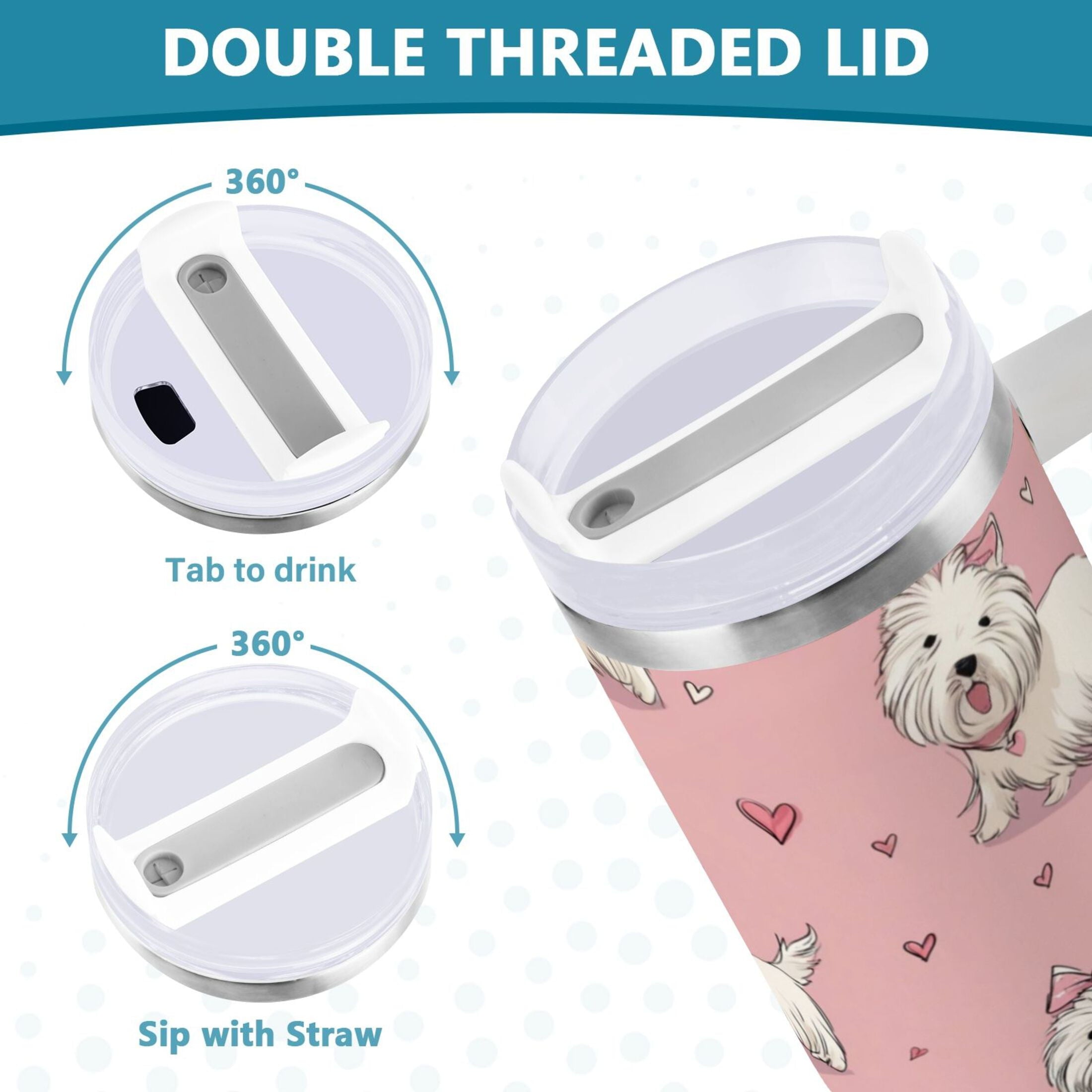 30 oz Insulated Stainless Steel Tumbler Double Wall Stainless Steel Tumbler with 2-Way Drinking Dogs Wearing Bows Edition-V4XE