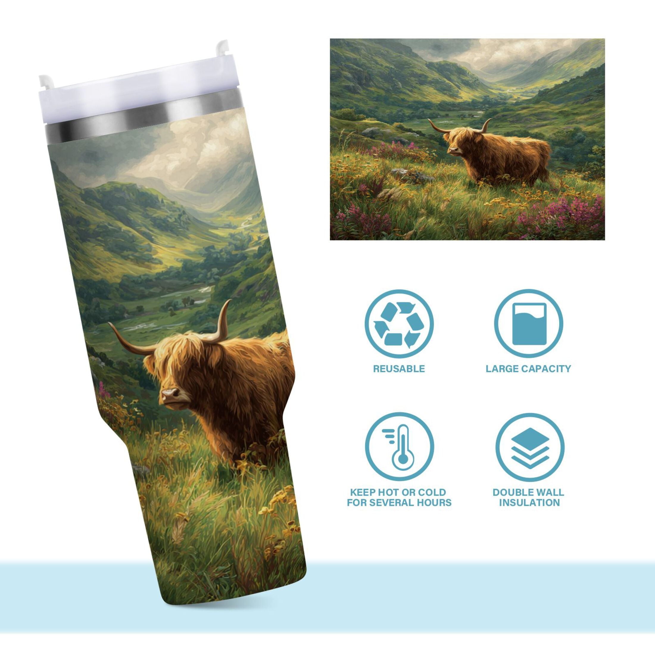 30 oz Insulated Stainless Steel Tumbler Double Wall Stainless Steel Tumbler with 2-Way Drinking Cow in Green Rolling Hills Edition-S5Y4