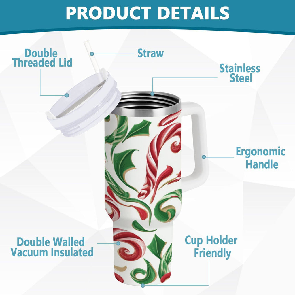 40 oz Insulated Stainless Steel Tumbler Double Wall Stainless Steel Tumbler with 2-Way Drinking Red and Green Candy-cane Edition-NQAK