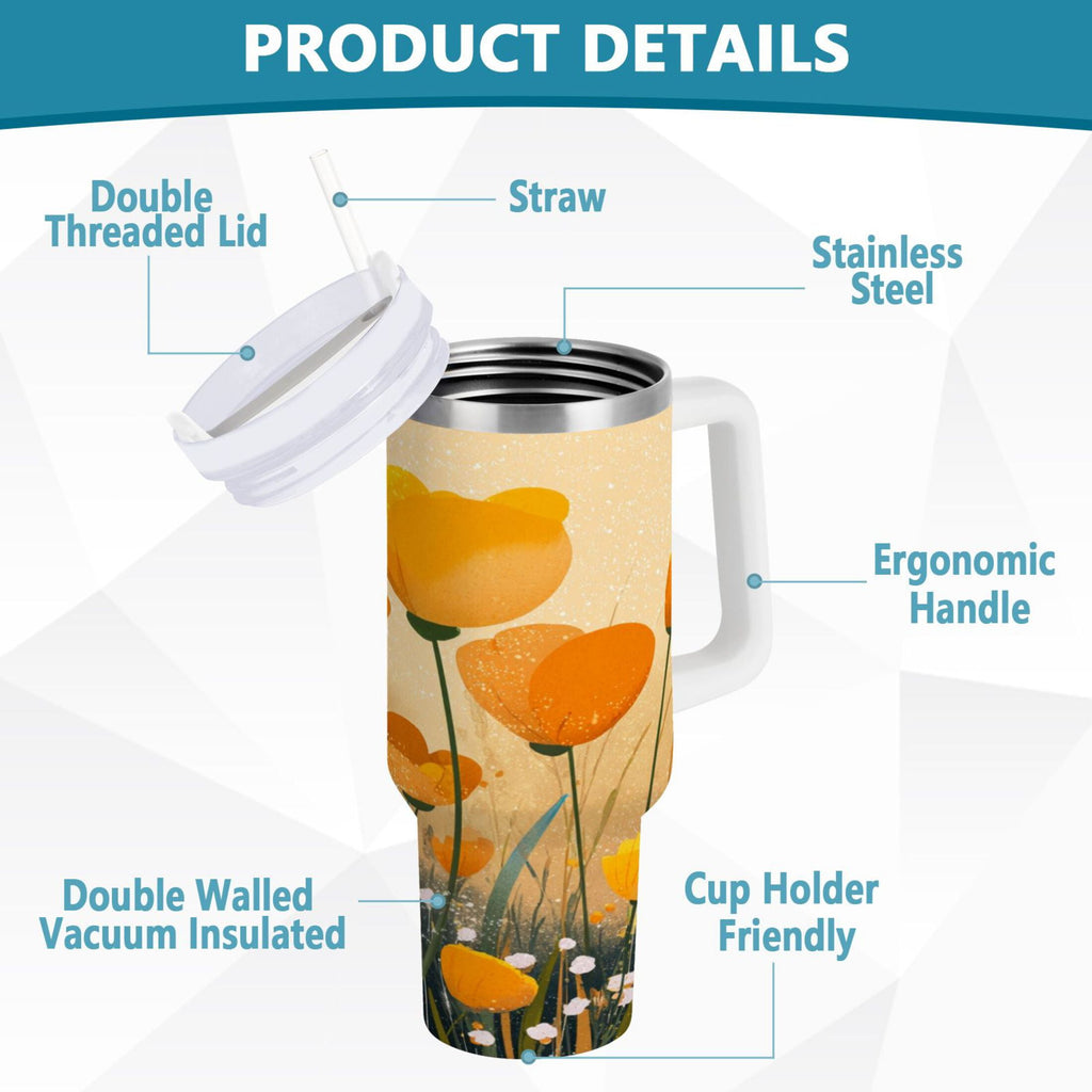 30 oz Insulated Stainless Steel Tumbler Double Wall Stainless Steel Tumbler with 2-Way Drinking Yellow Flowers on The Grass Edition-EWWI