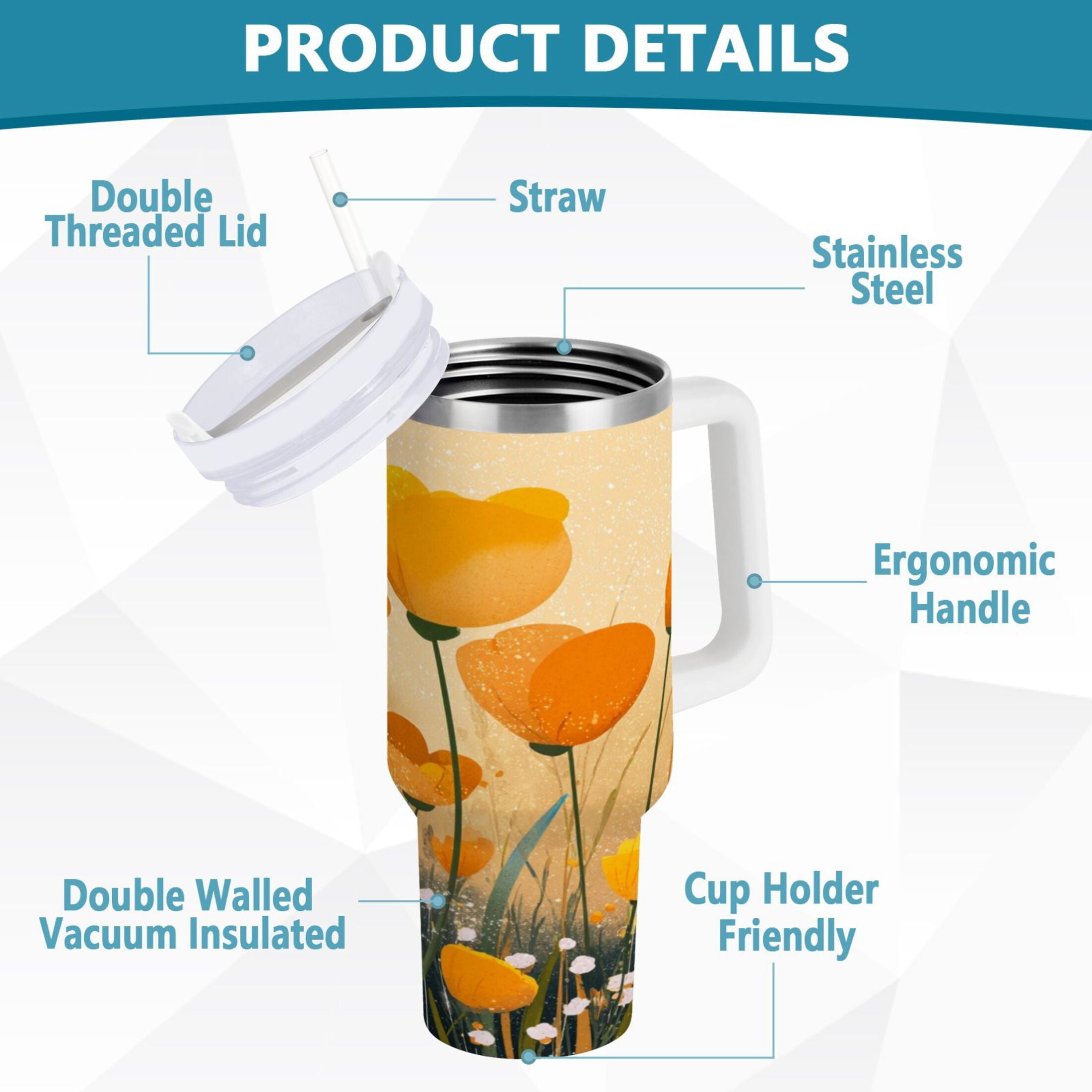 30 oz Insulated Stainless Steel Tumbler Double Wall Stainless Steel Tumbler with 2-Way Drinking Yellow Flowers on The Grass Edition-EWWI