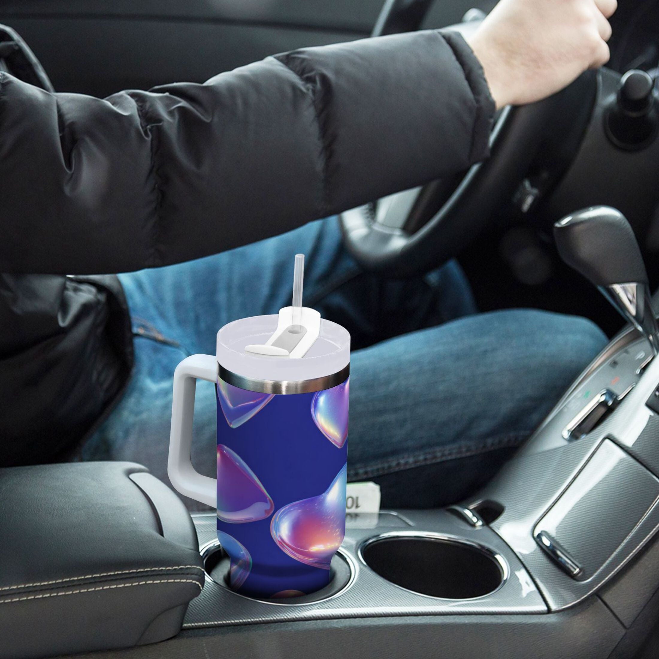 30 oz Insulated Stainless Steel Tumbler Double Wall Stainless Steel Tumbler with 2-Way Drinking Pink-purple Hearts Edition-B44E