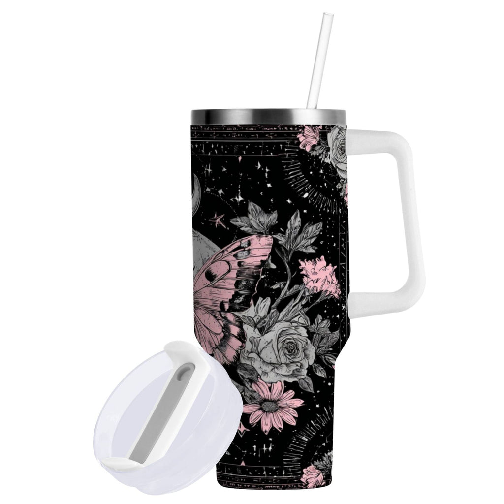 30 oz Insulated Stainless Steel Tumbler Double Wall Stainless Steel Tumbler with 2-Way Drinking Butterfly by Moon and Flowers Edition-D734
