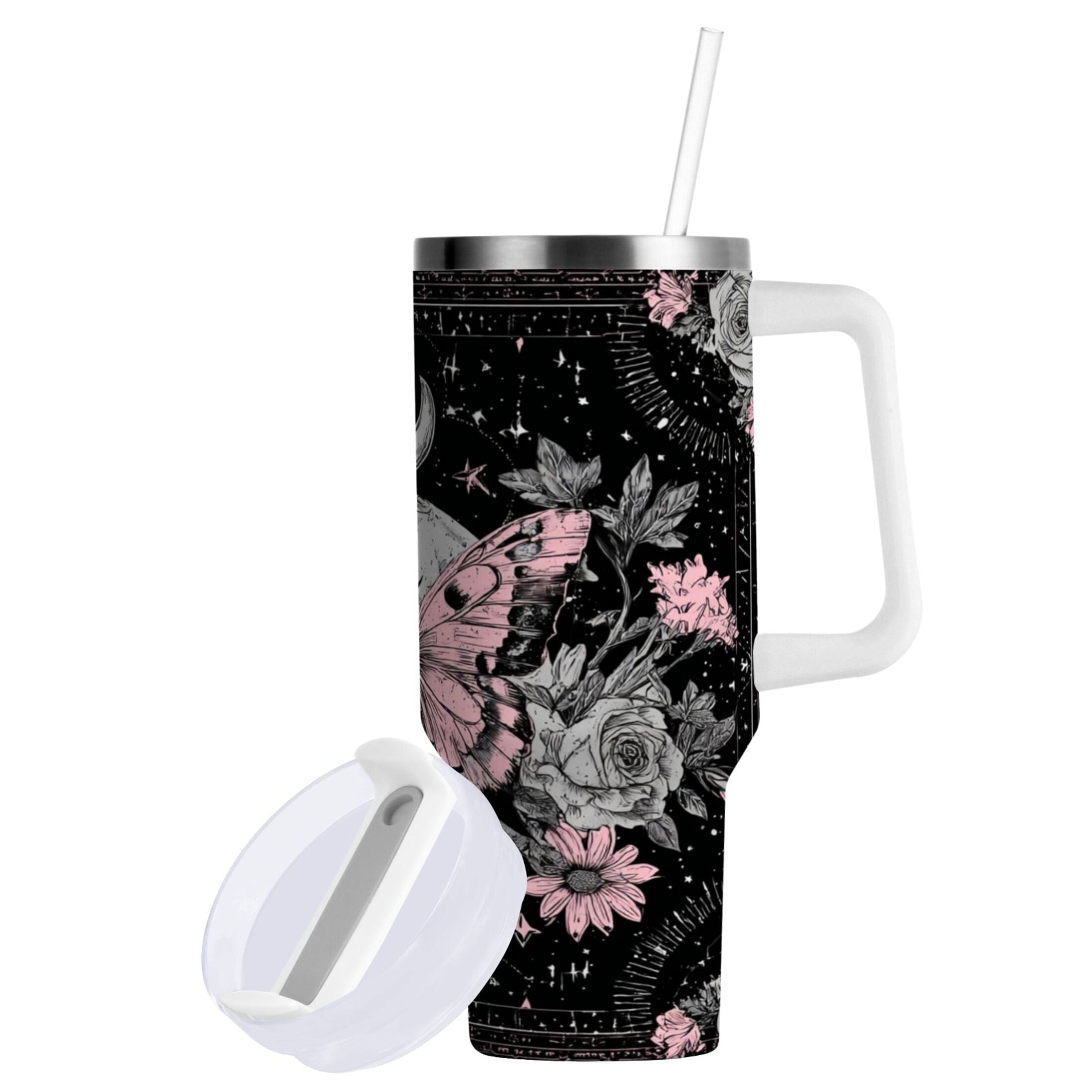 30 oz Insulated Stainless Steel Tumbler Double Wall Stainless Steel Tumbler with 2-Way Drinking Butterfly by Moon and Flowers Edition-D734