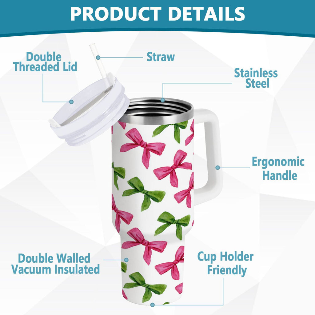 30 oz Insulated Stainless Steel Tumbler Double Wall Stainless Steel Tumbler with 2-Way Drinking Pink Bows and Green Ribbons Edition-SBOP
