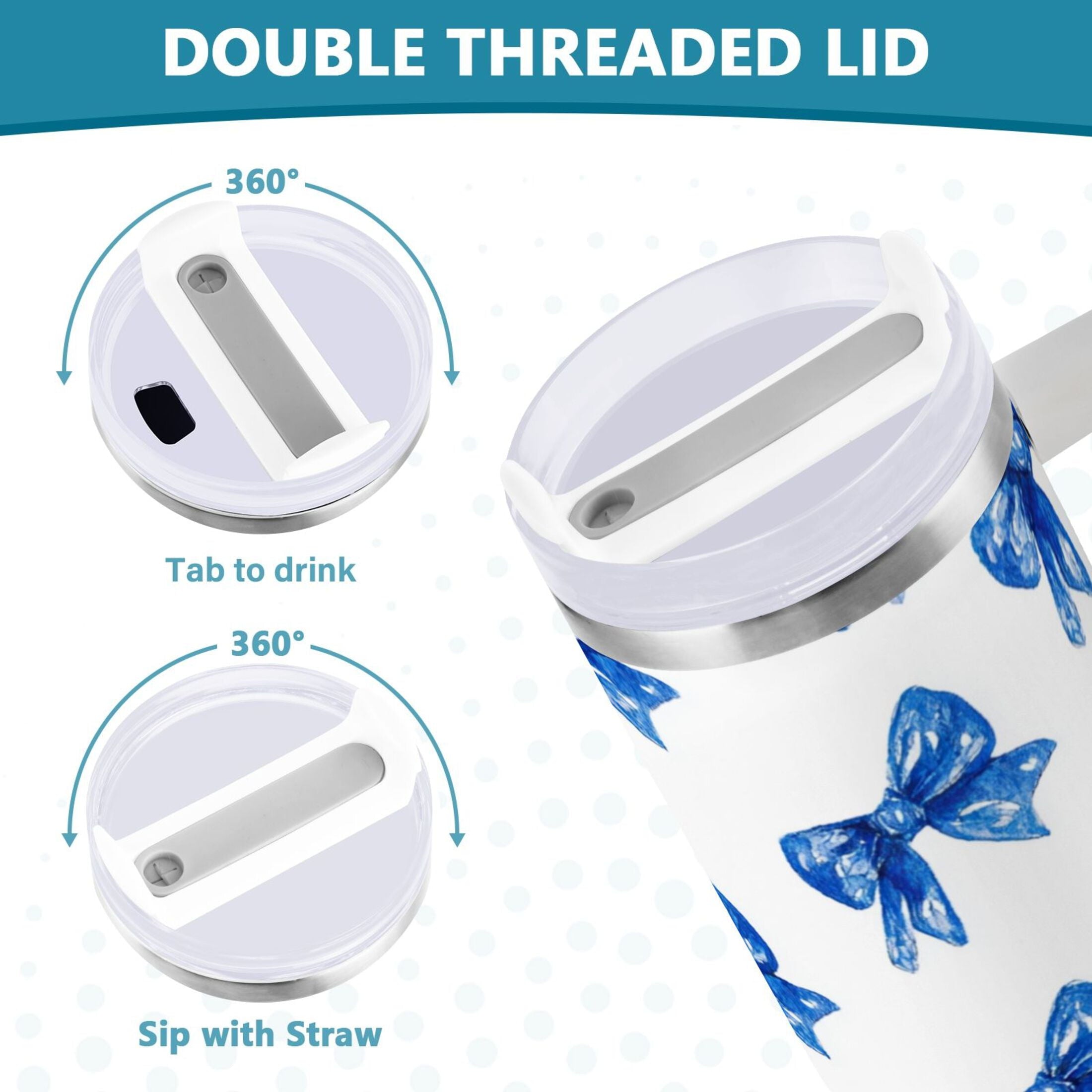 30 oz Insulated Stainless Steel Tumbler Double Wall Stainless Steel Tumbler with 2-Way Drinking Blue Bows Pattern Edition-ZCW1