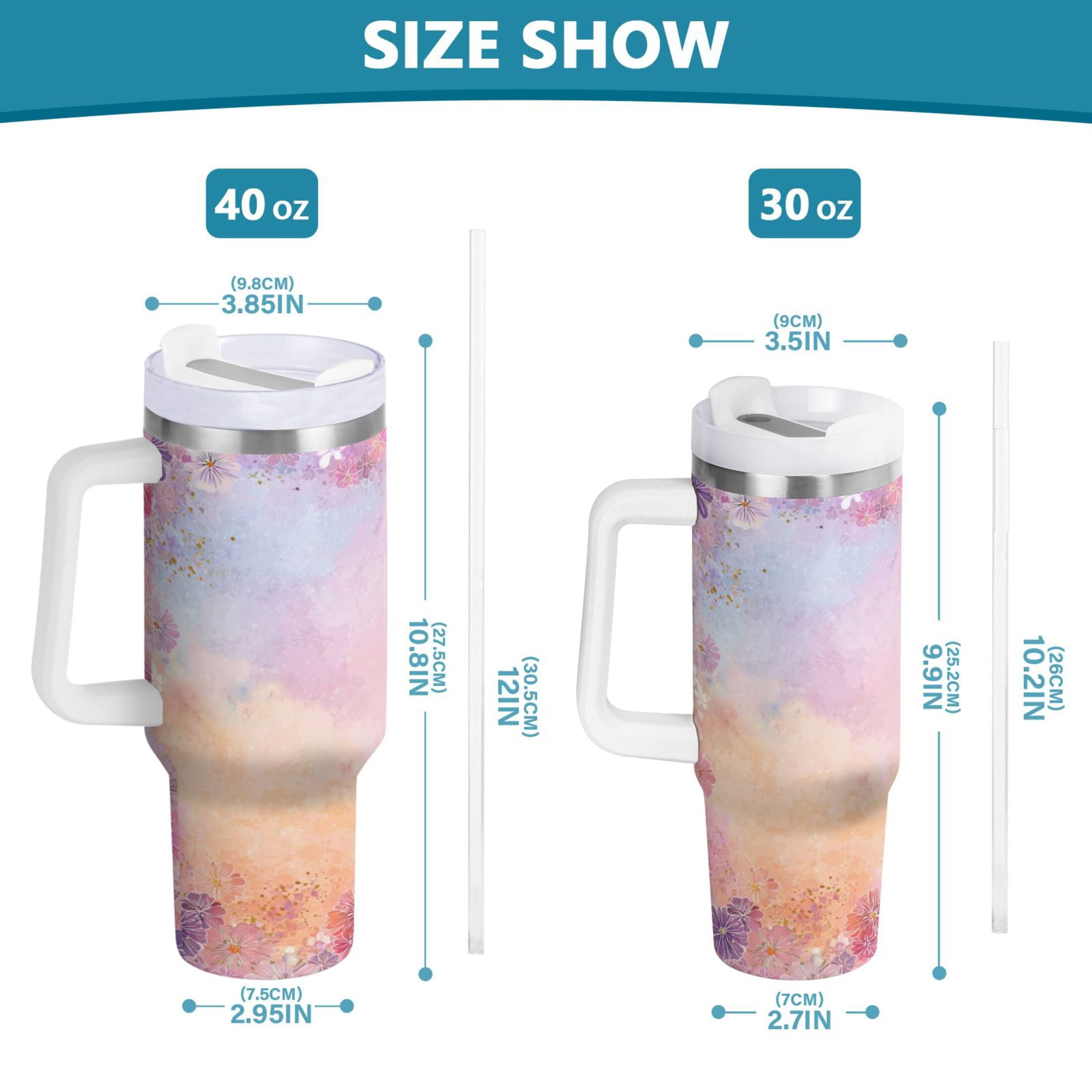 30 oz Insulated Stainless Steel Tumbler Double Wall Stainless Steel Tumbler with 2-Way Drinking Colorful Pastel Floral Pattern Edition-VFF3