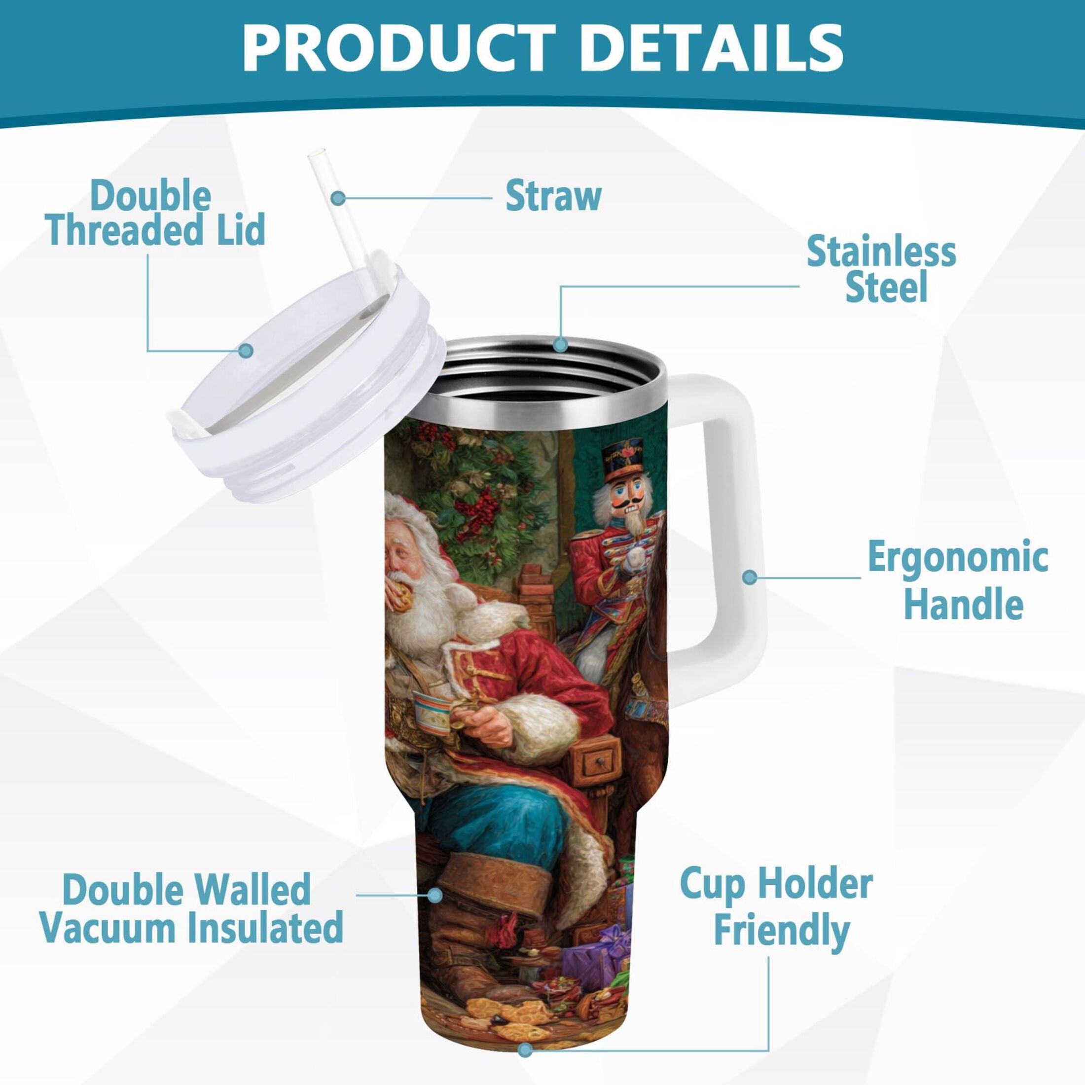 40 oz Insulated Stainless Steel Tumbler Double Wall Stainless Steel Tumbler with 2-Way Drinking Santa Eating Cookies Edition-O2P0