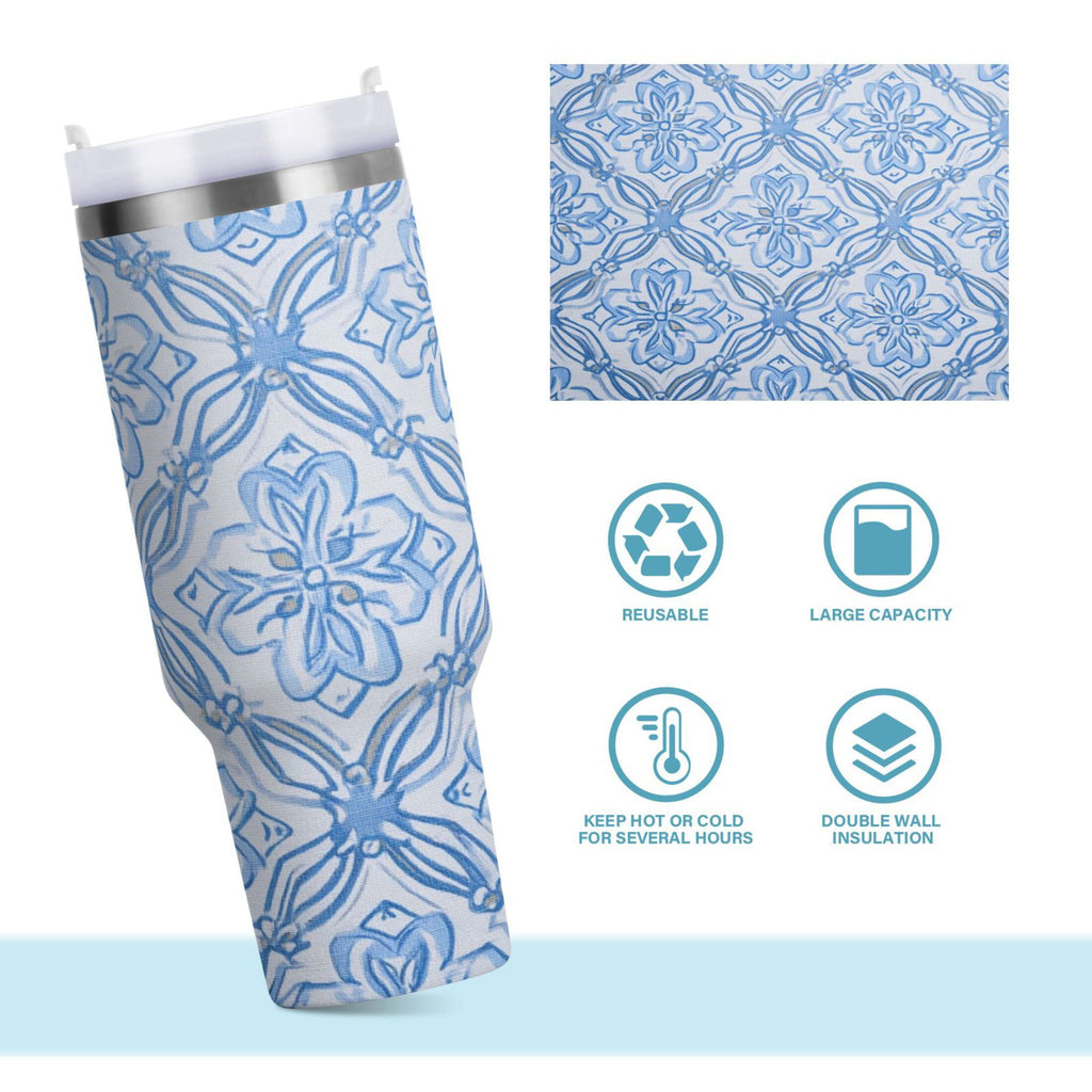 30 oz Insulated Stainless Steel Tumbler Double Wall Stainless Steel Tumbler with 2-Way Drinking Blue Elegant Geometric Design Edition-SCHG