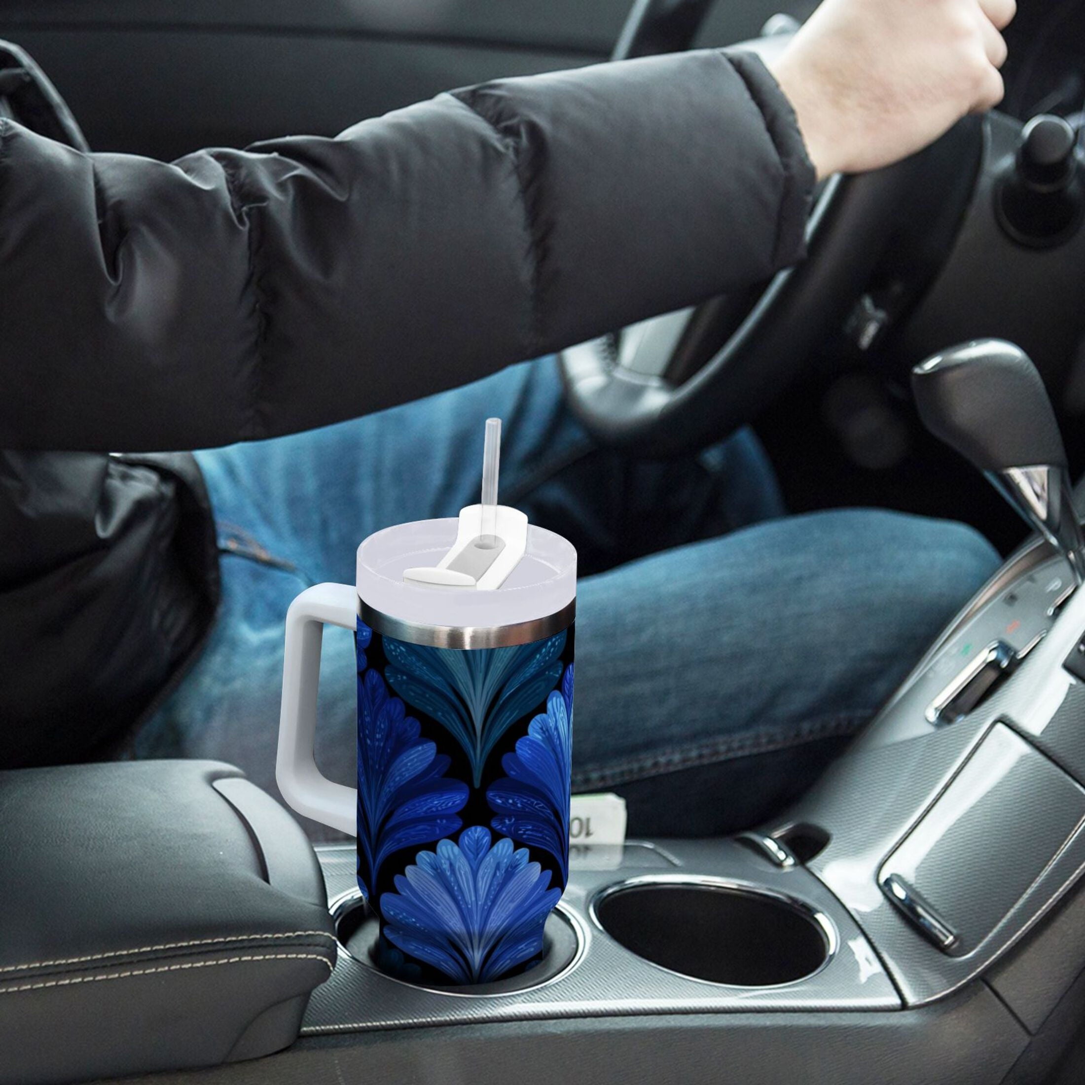 30 oz Insulated Stainless Steel Tumbler Double Wall Stainless Steel Tumbler with 2-Way Drinking Blue Batik Leaves Pattern Edition-U7IY