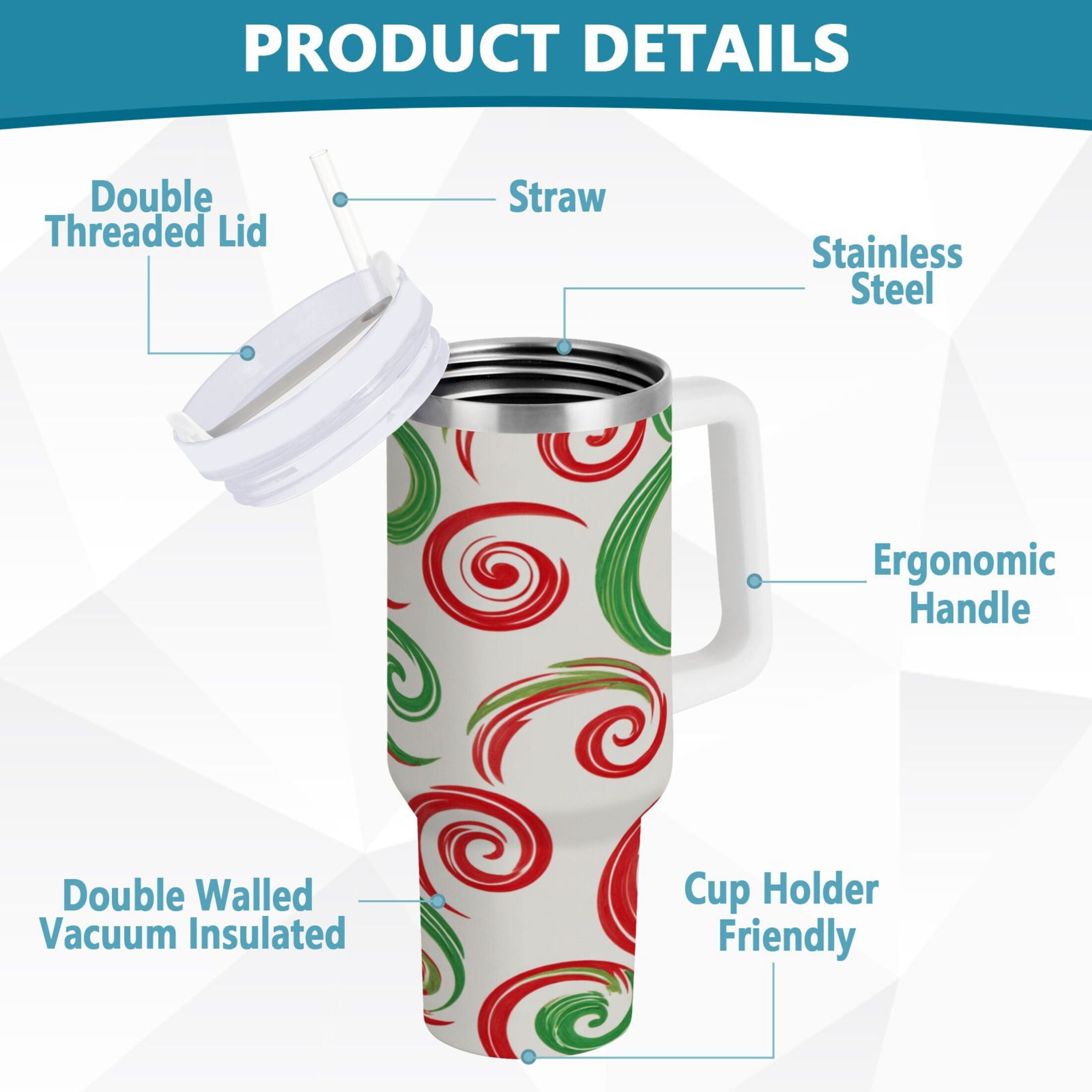 40 oz Insulated Stainless Steel Tumbler Double Wall Stainless Steel Tumbler with 2-Way Drinking Red and Green Swirls Edition-P94G