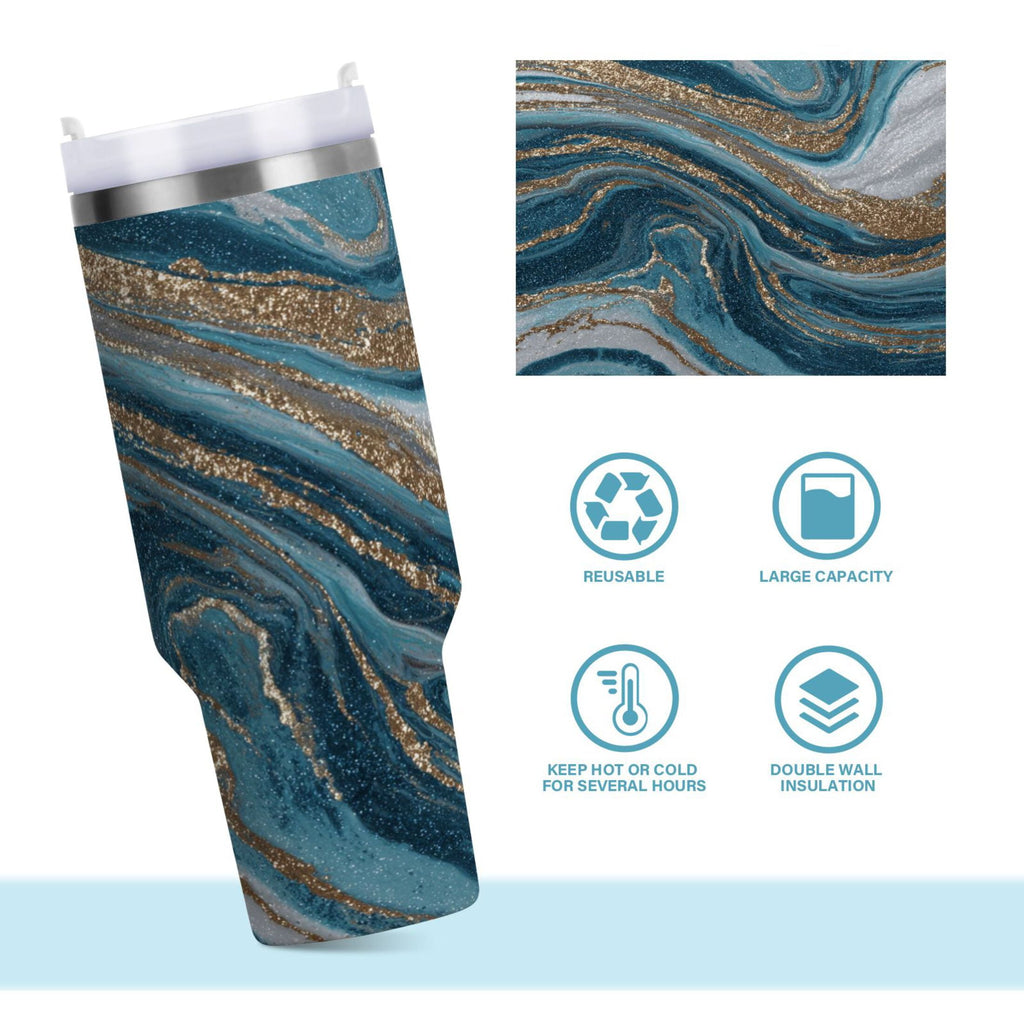 30 oz Insulated Stainless Steel Tumbler Double Wall Stainless Steel Tumbler with 2-Way Drinking Blue and Gold Swirling Edition-MPYL