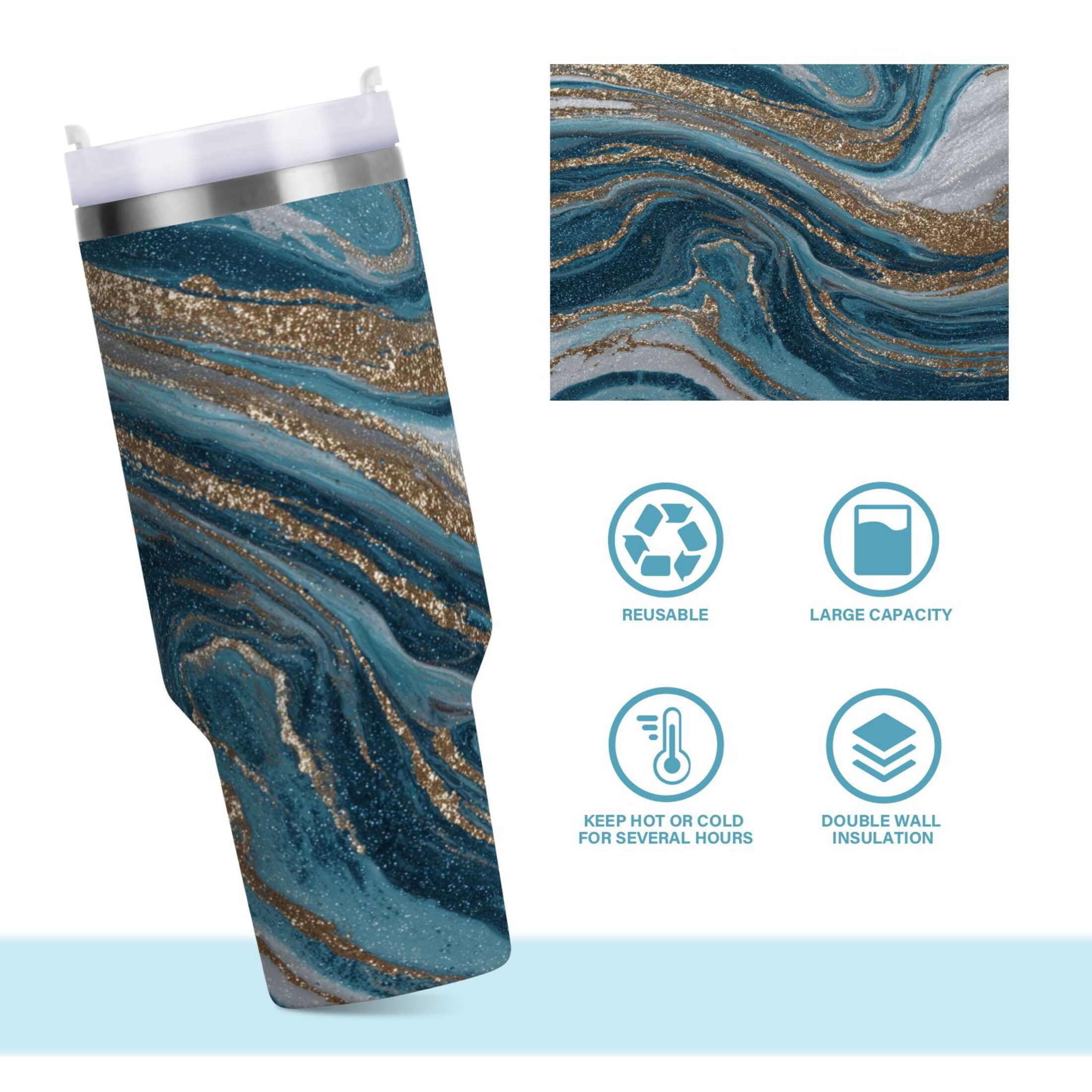 30 oz Insulated Stainless Steel Tumbler Double Wall Stainless Steel Tumbler with 2-Way Drinking Blue and Gold Swirling Edition-MPYL