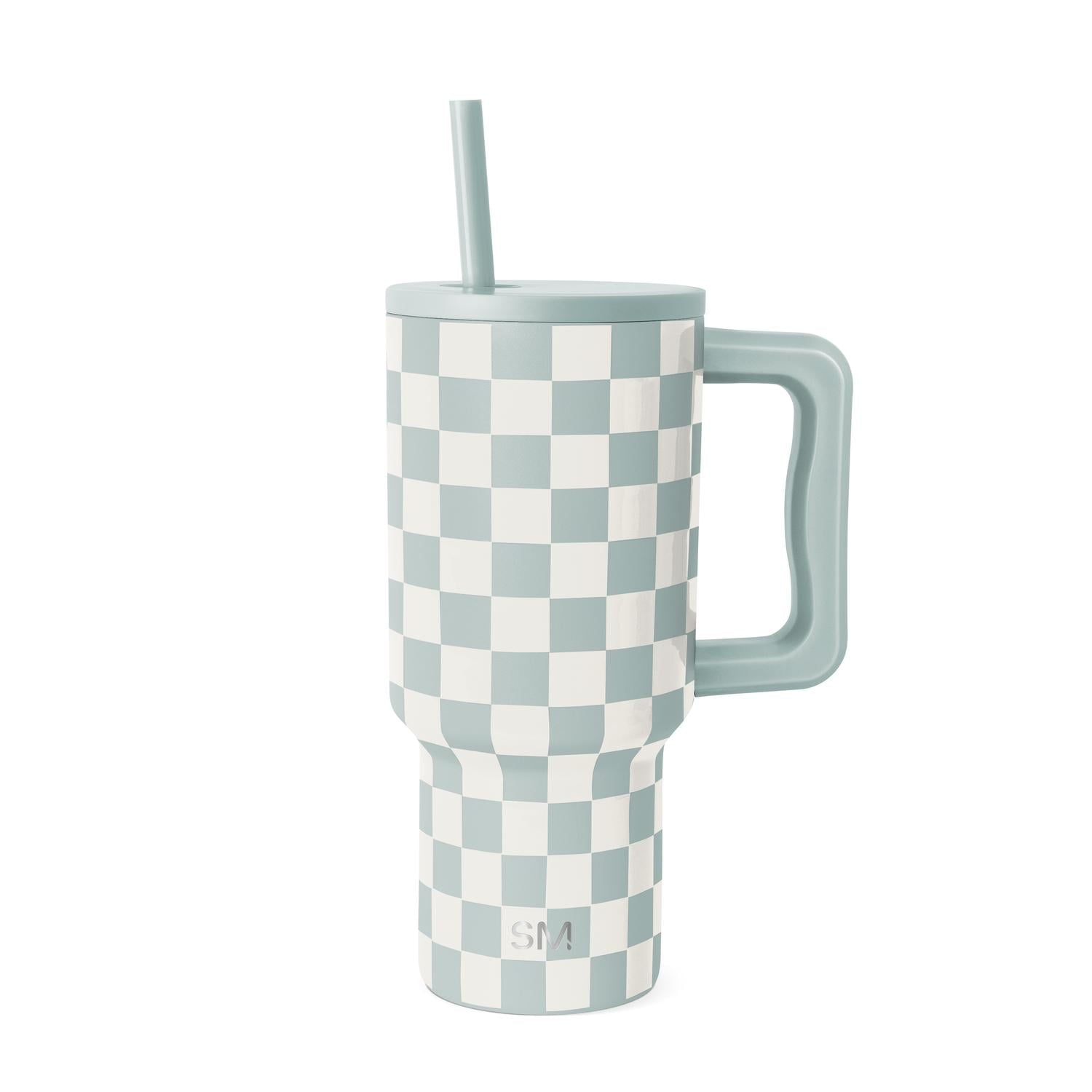 Simple Modern 30 fl oz Insulated Stainless Steel Trek Tumbler with Straw Lid | Seaglass Sage and Cream Checkmate Edition-16A6