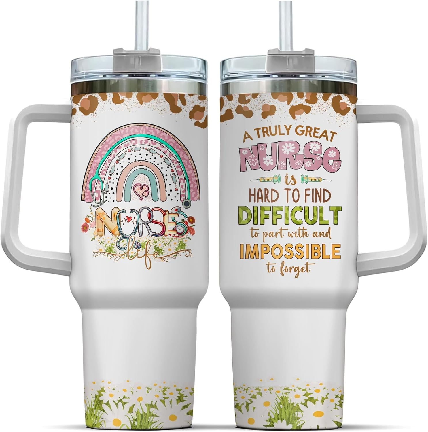 Tumbler 40 Oz With Handle Lid And Straw, Nurse Gifts, Black Camo White Engraved Print Travel Nurses Tumblers Handle Funny Cups Nursing For, Great Nurse Rainbow Daisy Flower Edition-CQH4