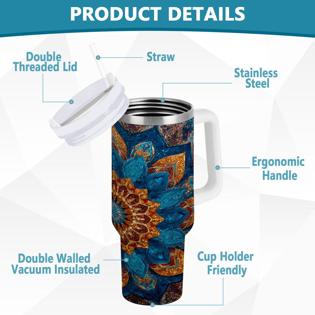 40 oz Insulated Stainless Steel Tumbler Double Wall Stainless Steel Tumbler with 2-Way Drinking Intricate Geometric Shapes Edition-IF8N