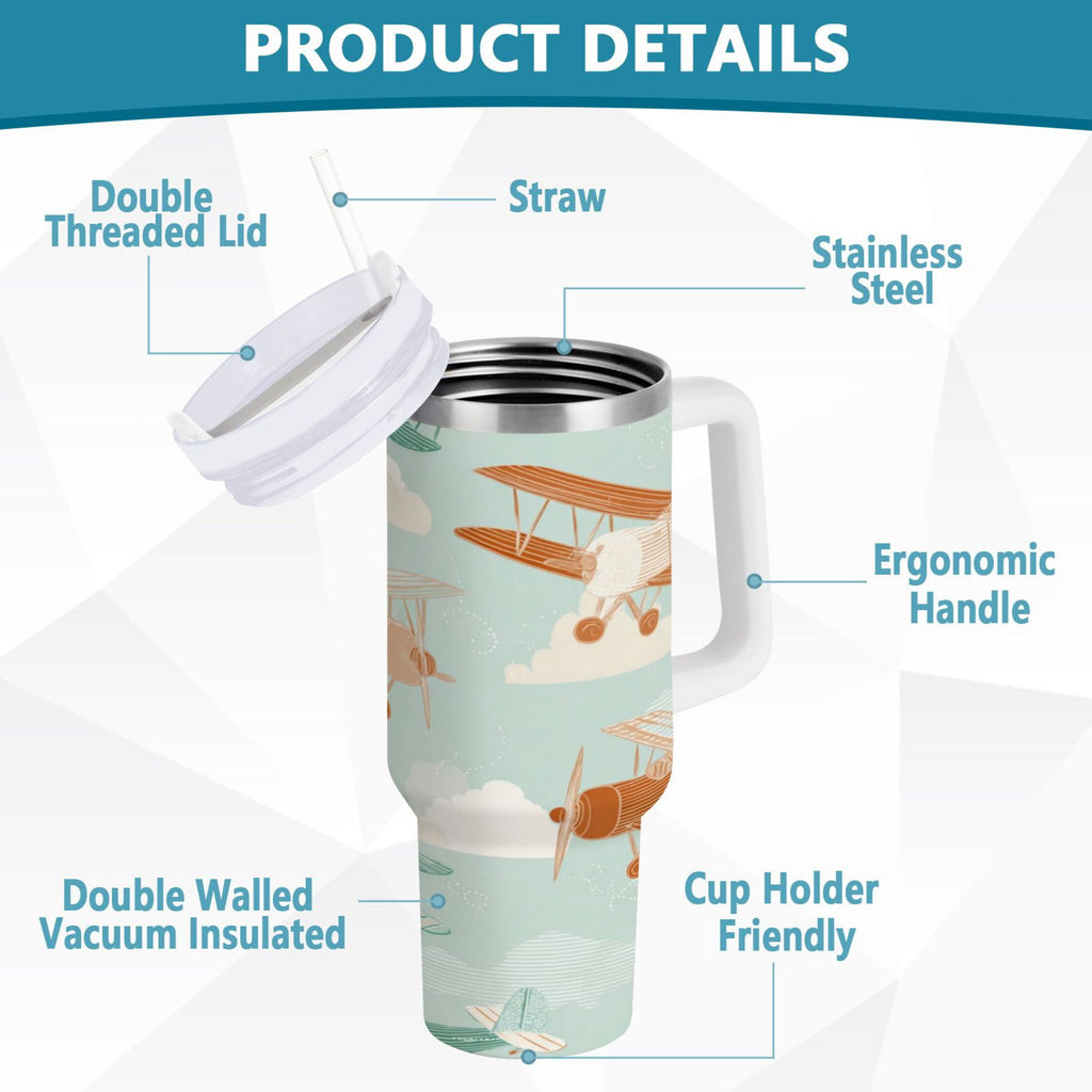 40 oz Insulated Stainless Steel Tumbler Double Wall Stainless Steel Tumbler with 2-Way Drinking Cute Airplanes Edition-8ZBZ