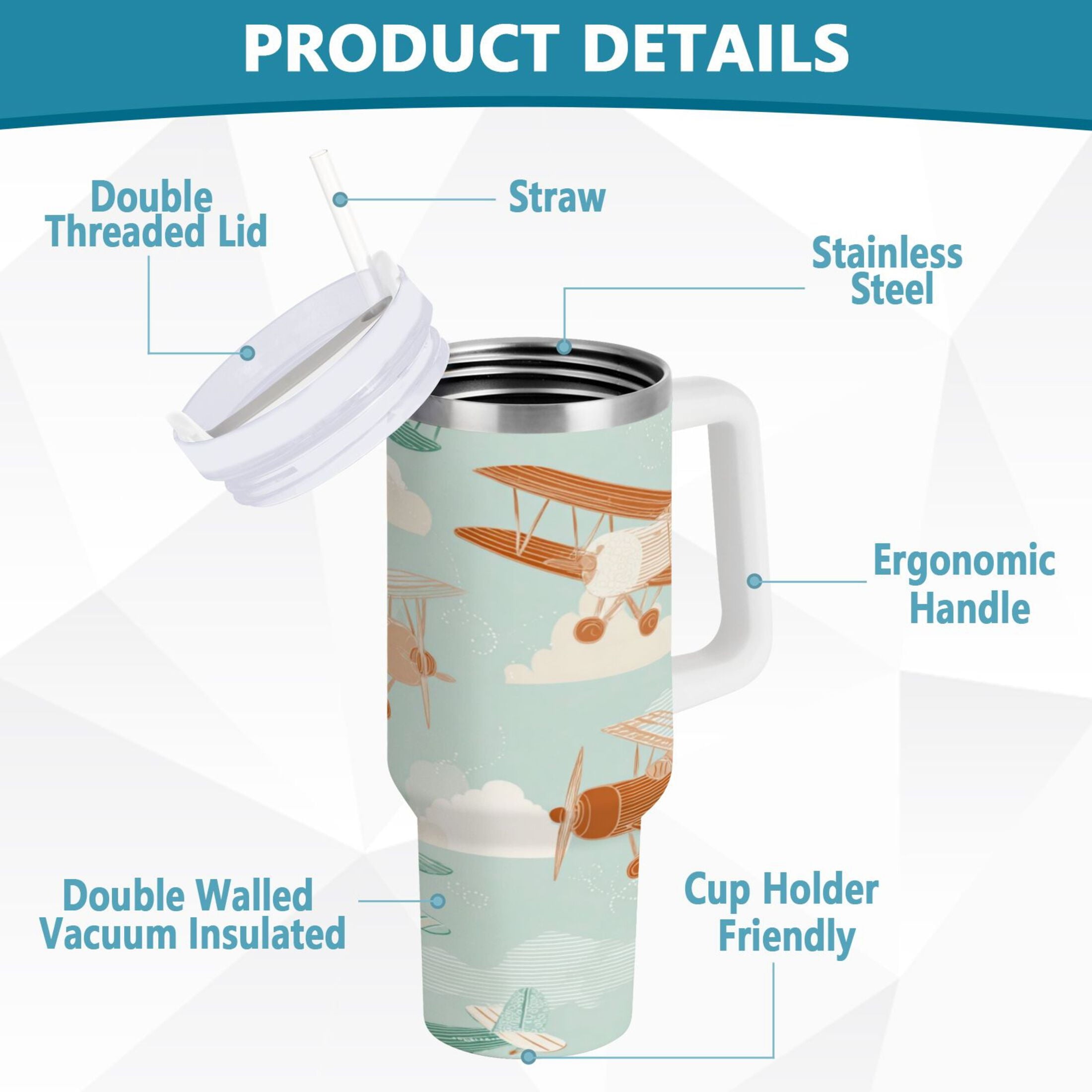40 oz Insulated Stainless Steel Tumbler Double Wall Stainless Steel Tumbler with 2-Way Drinking Cute Airplanes Edition-8ZBZ
