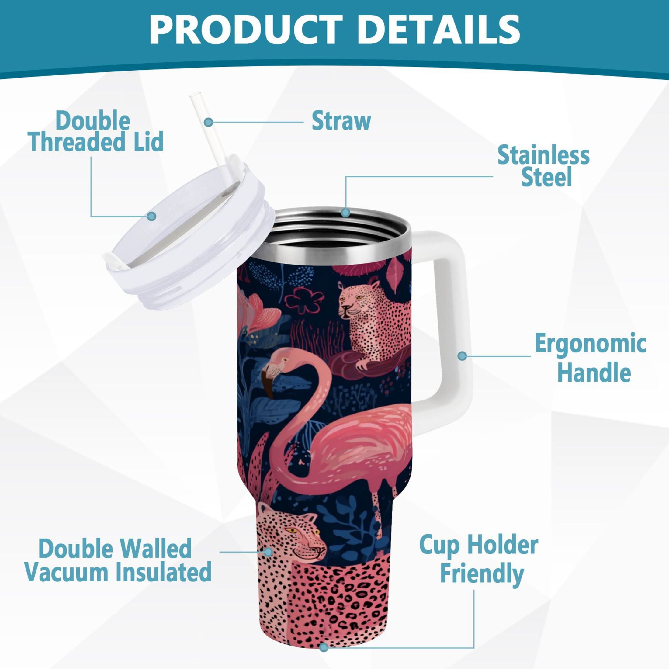 30 oz Insulated Stainless Steel Tumbler Double Wall Stainless Steel Tumbler with 2-Way Drinking Flamingos and Leopard Print Edition-LP8S