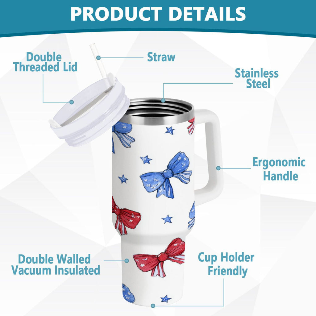 40 oz Insulated Stainless Steel Tumbler Double Wall Stainless Steel Tumbler with 2-Way Drinking Hand-drawn Bows Edition-9RPN