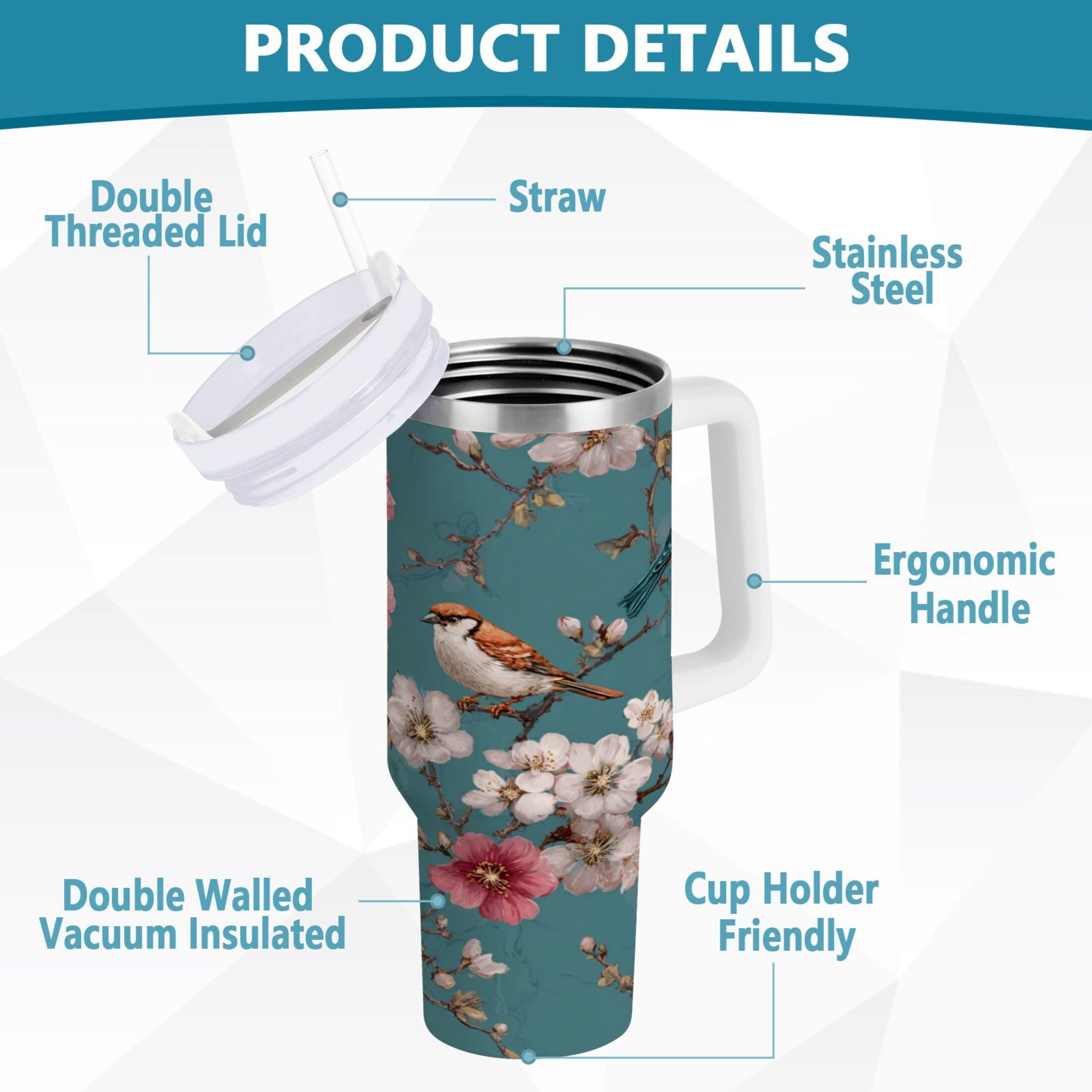 30 oz Insulated Stainless Steel Tumbler Double Wall Stainless Steel Tumbler with 2-Way Drinking Birds and Cherry Pattern Edition-COSG