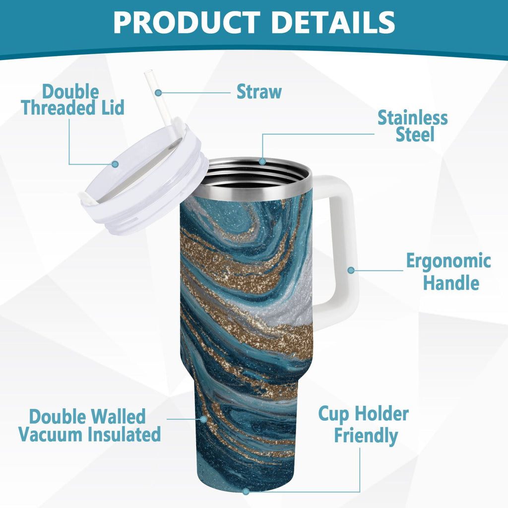30 oz Insulated Stainless Steel Tumbler Double Wall Stainless Steel Tumbler with 2-Way Drinking Blue and Gold Swirling Edition-MPYL
