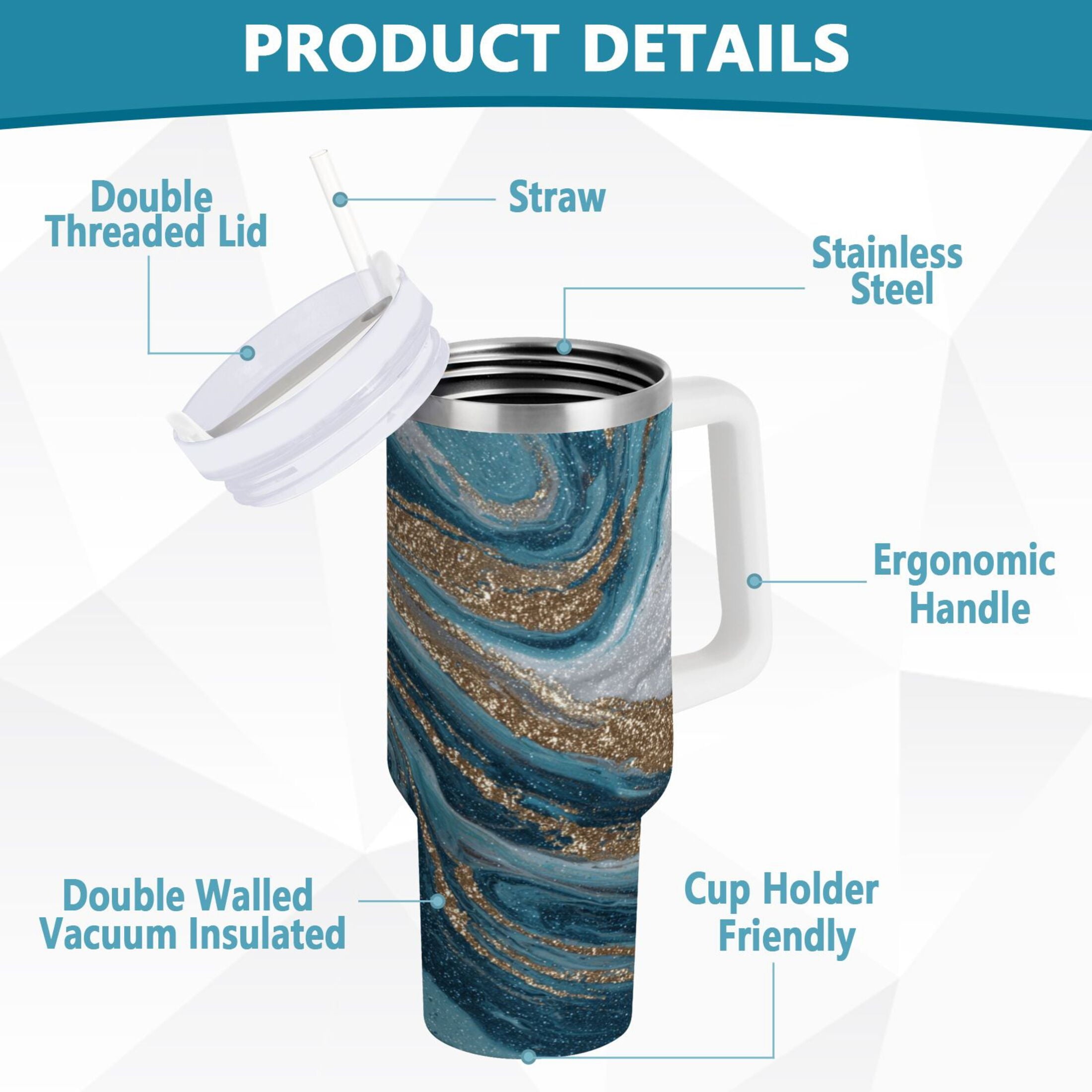 30 oz Insulated Stainless Steel Tumbler Double Wall Stainless Steel Tumbler with 2-Way Drinking Blue and Gold Swirling Edition-MPYL