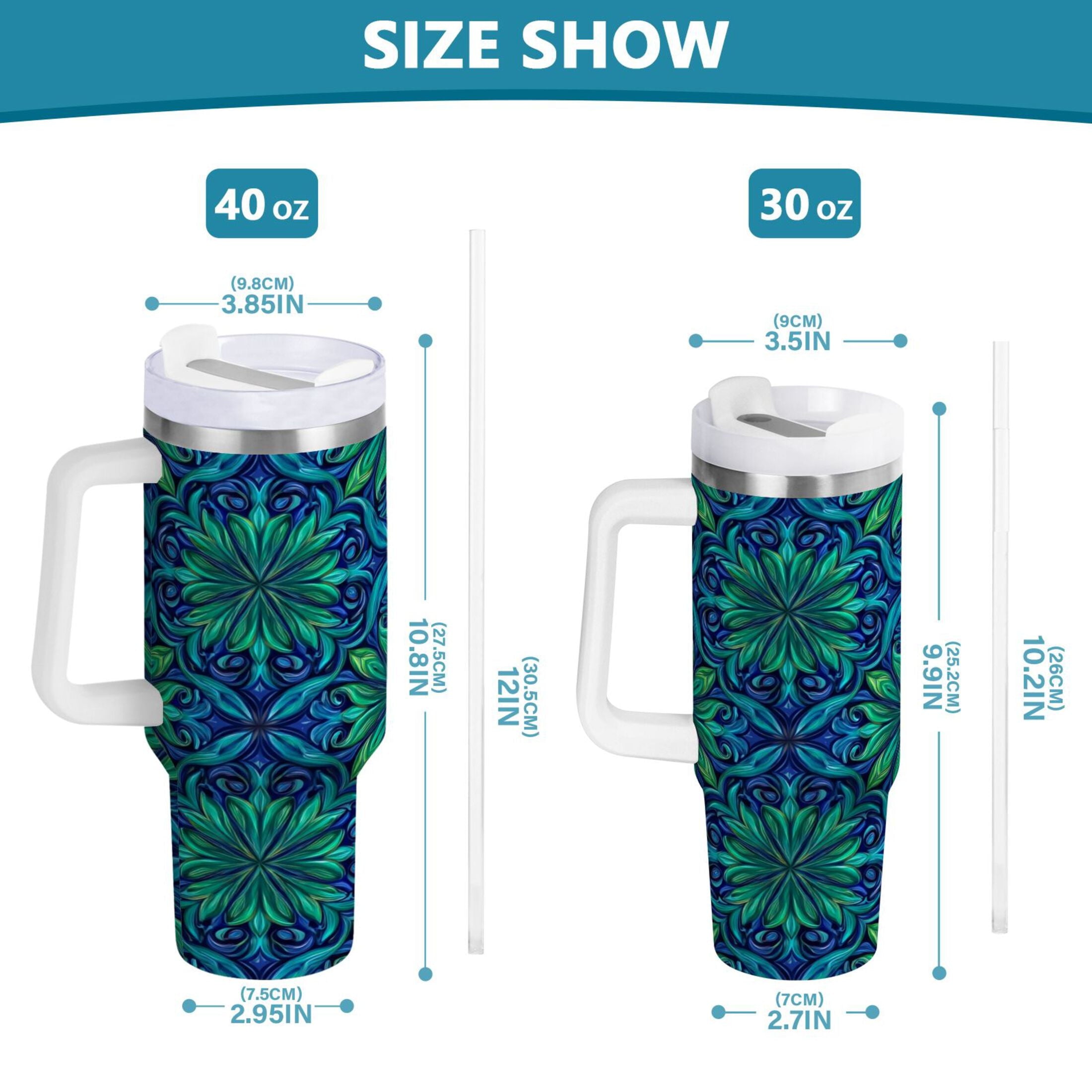 40 oz Insulated Stainless Steel Tumbler Double Wall Stainless Steel Tumbler with 2-Way Drinking Elegant Blue Traditional Patterns Edition-2WG4