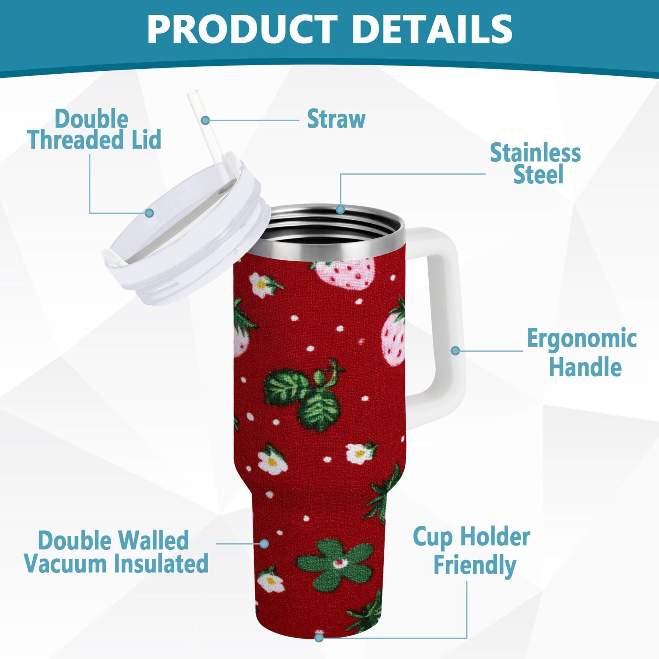 30 oz Insulated Stainless Steel Tumbler Double Wall Stainless Steel Tumbler with 2-Way Drinking Cute Pink Strawberry Pattern Edition-AZ2V