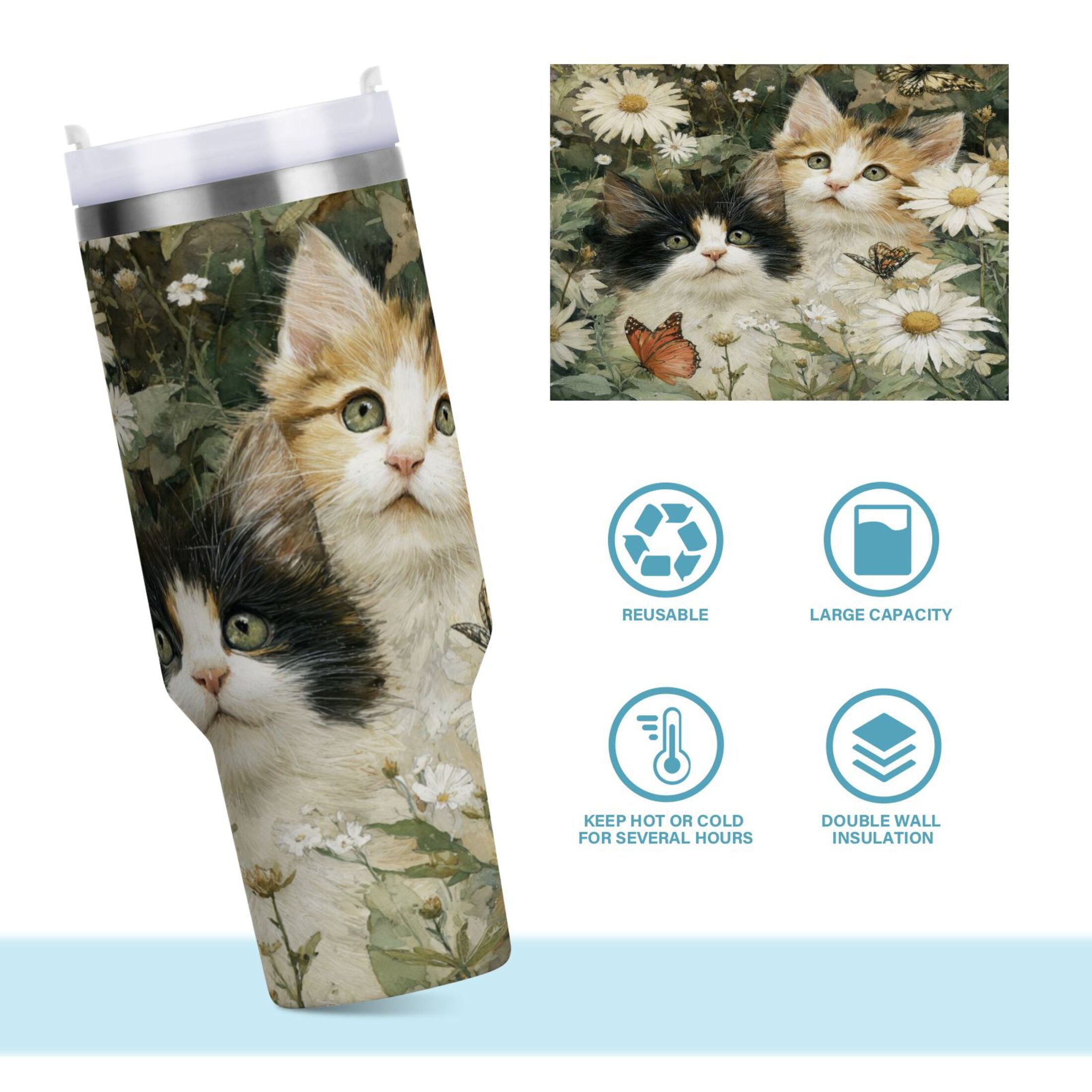 30 oz Insulated Stainless Steel Tumbler Double Wall Stainless Steel Tumbler with 2-Way Drinking Adorable Cats and Daisies Edition-E14Q