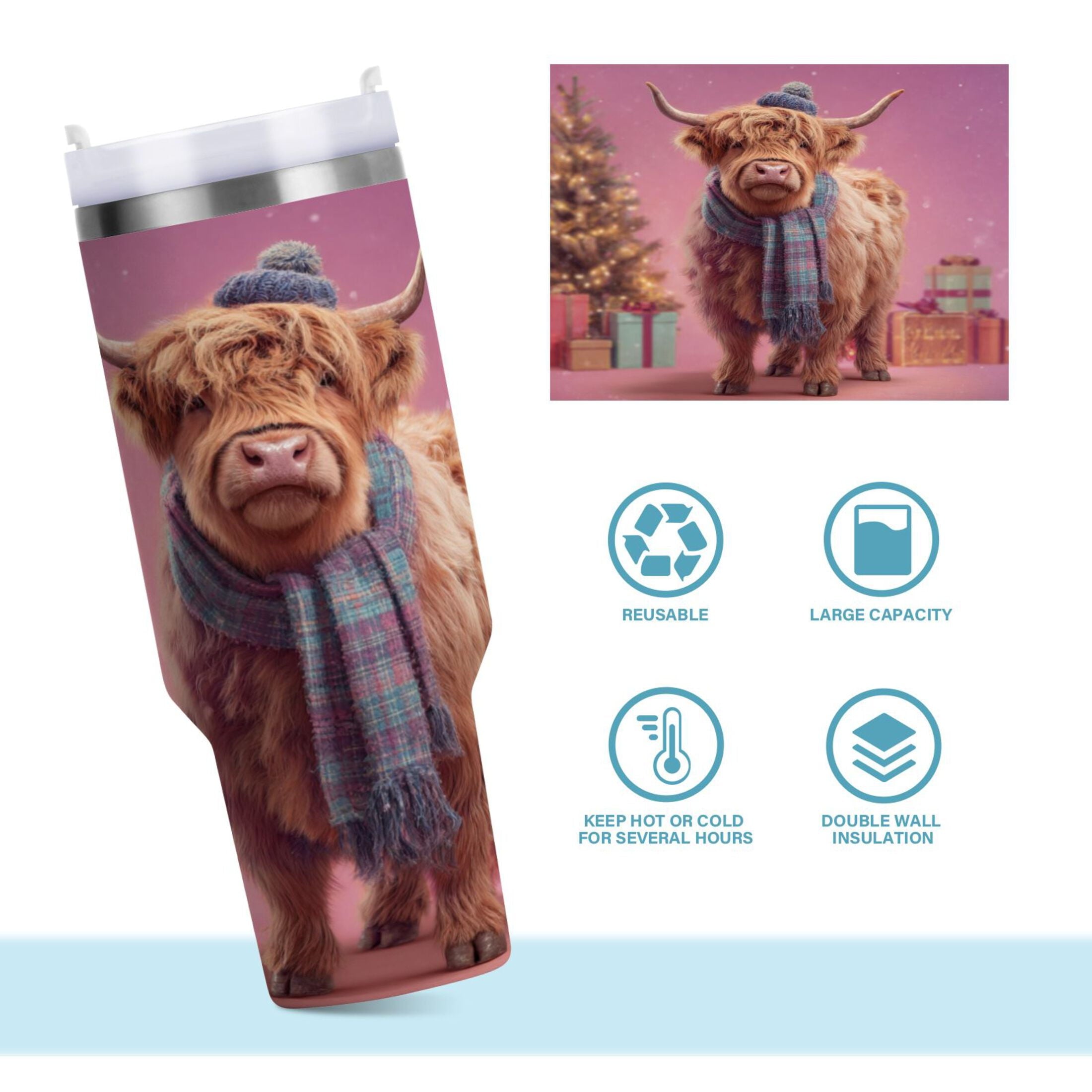 30 oz Insulated Stainless Steel Tumbler Double Wall Stainless Steel Tumbler with 2-Way Drinking Cow Wearing Christmas Edition-I5YN