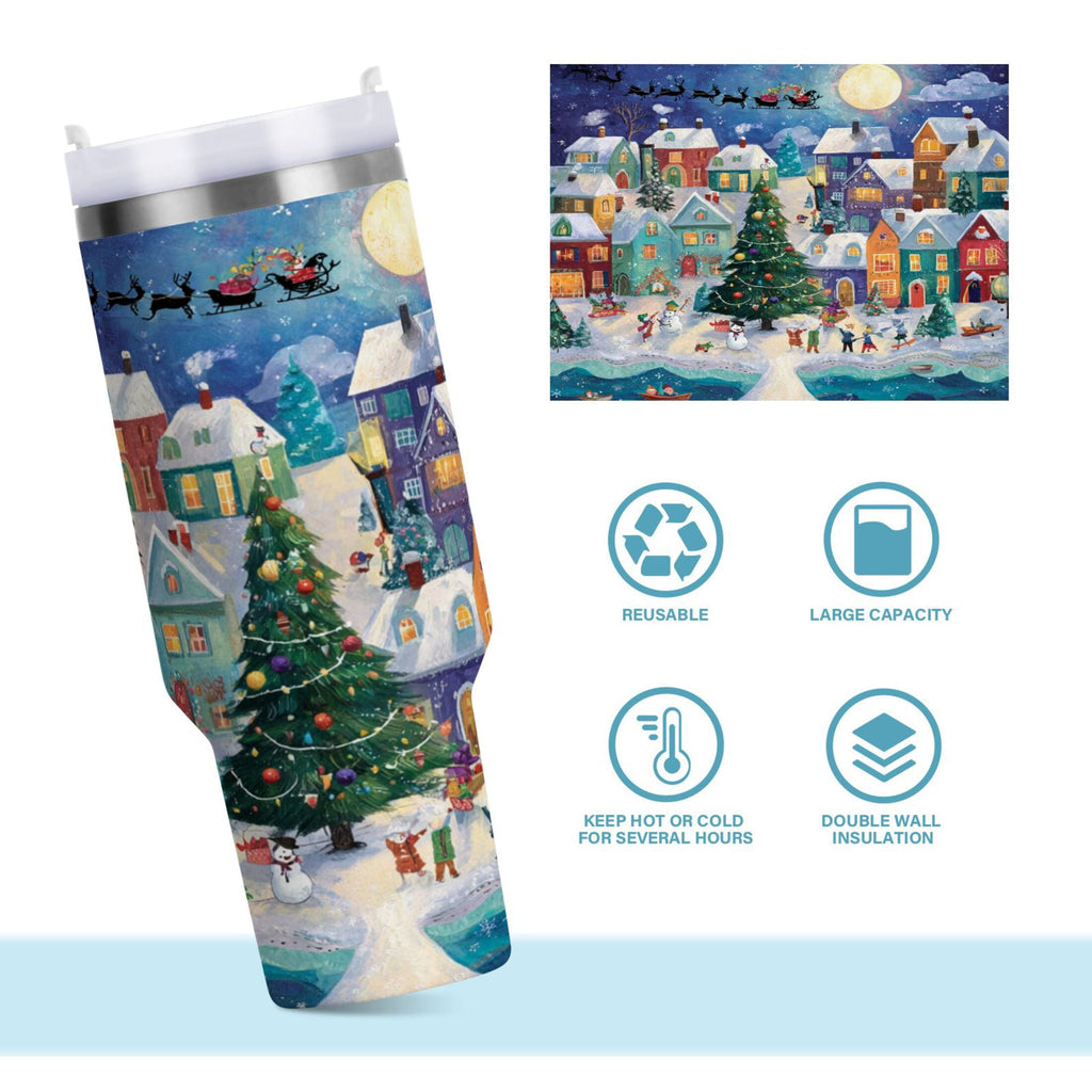 30 oz Insulated Stainless Steel Tumbler Double Wall Stainless Steel Tumbler with 2-Way Drinking Charming Christmas Scene Edition-CUKU