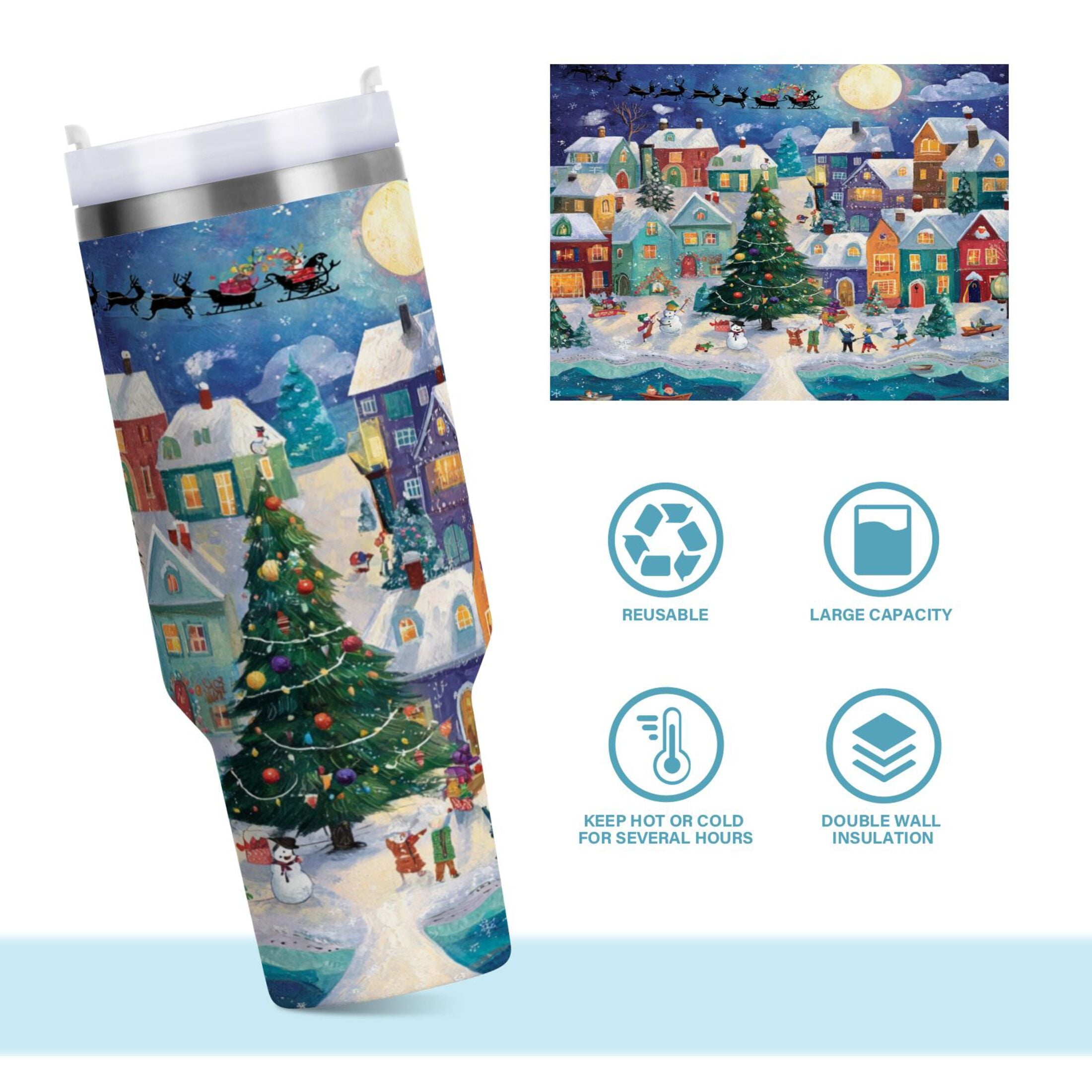 30 oz Insulated Stainless Steel Tumbler Double Wall Stainless Steel Tumbler with 2-Way Drinking Charming Christmas Scene Edition-CUKU