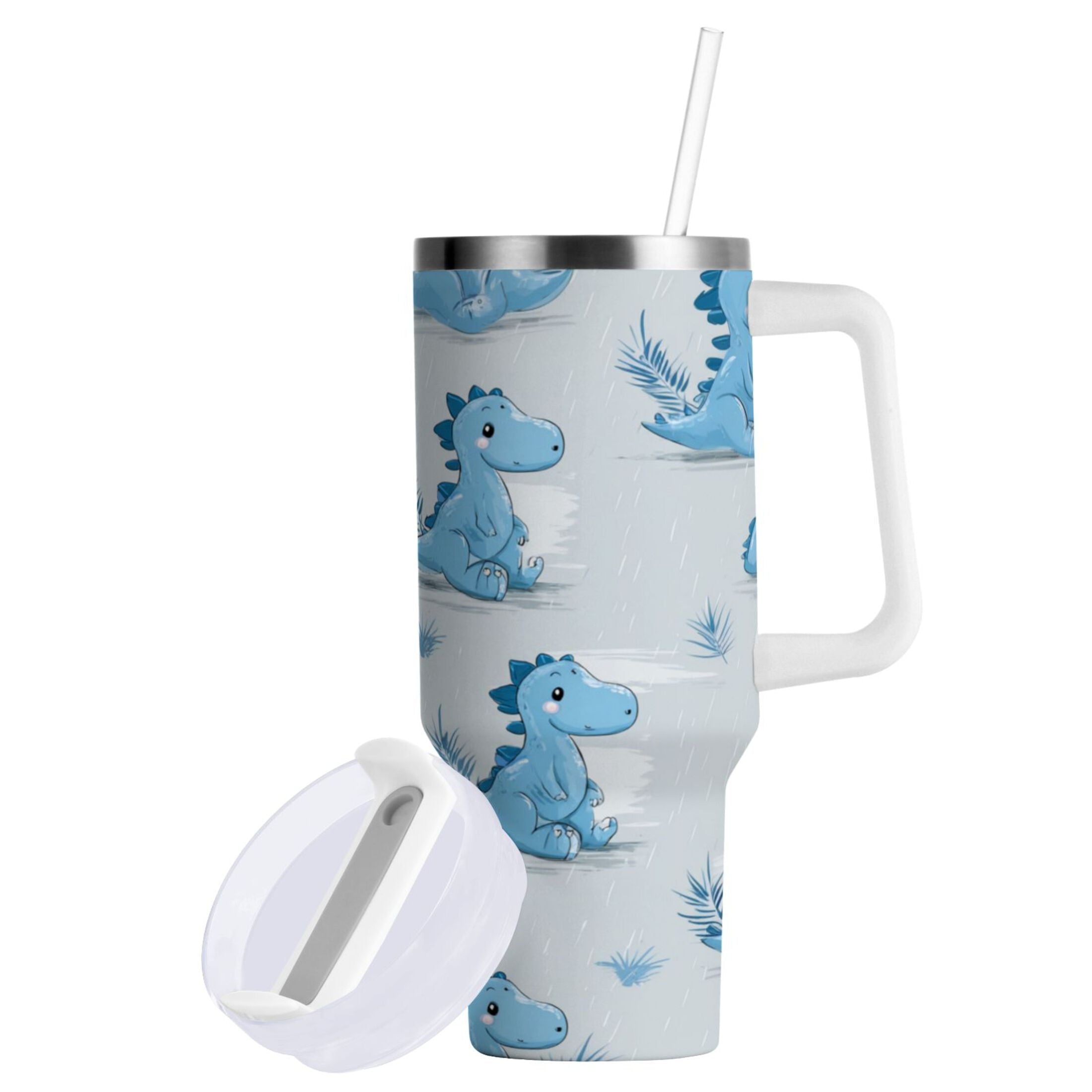 30 oz Insulated Stainless Steel Tumbler Double Wall Stainless Steel Tumbler with 2-Way Drinking Cartoon Blue Dinosaurs Edition-MCV3