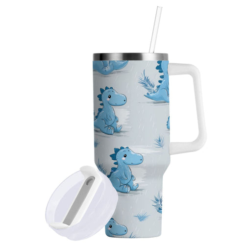30 oz Insulated Stainless Steel Tumbler Double Wall Stainless Steel Tumbler with 2-Way Drinking Cartoon Blue Dinosaurs Edition-MCV3