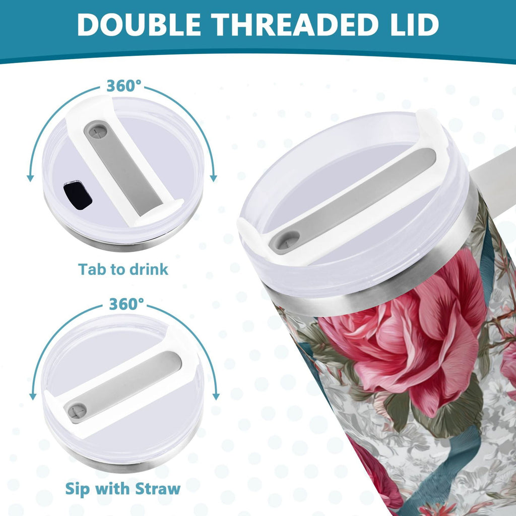 30 oz Insulated Stainless Steel Tumbler Double Wall Stainless Steel Tumbler with 2-Way Drinking Roses and Ribbons Edition-JE1H
