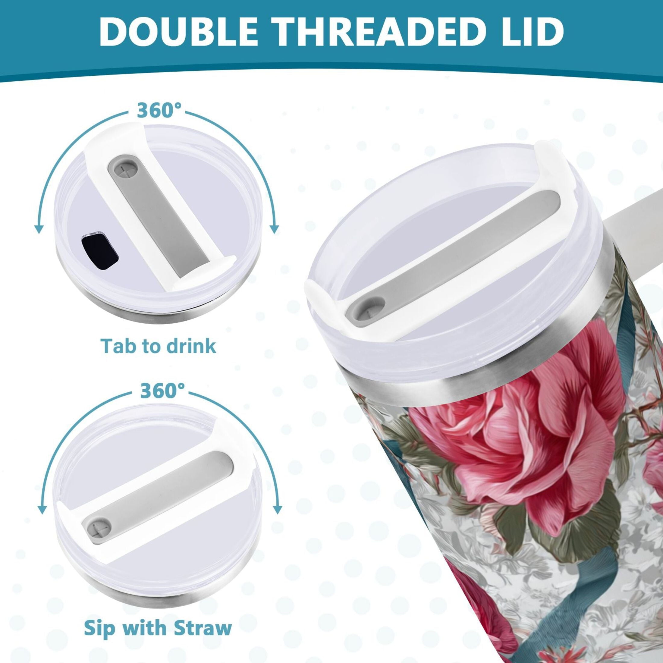 30 oz Insulated Stainless Steel Tumbler Double Wall Stainless Steel Tumbler with 2-Way Drinking Roses and Ribbons Edition-JE1H