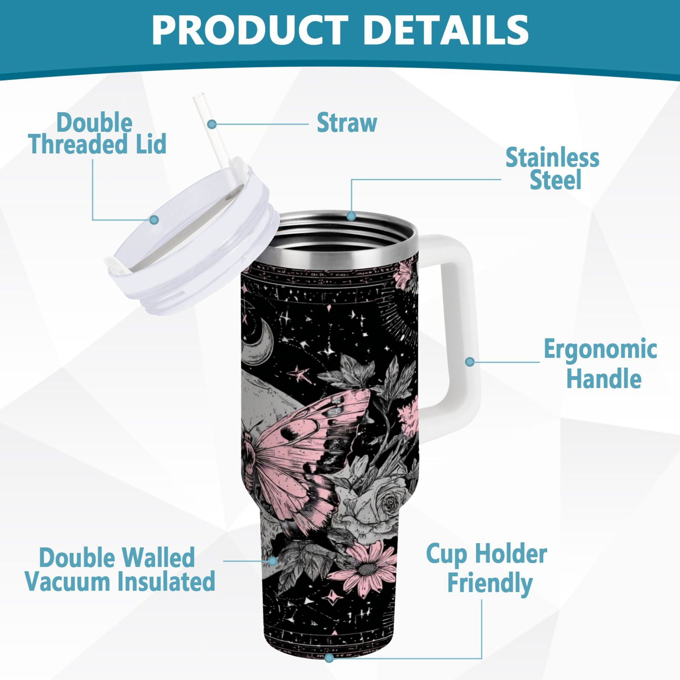 30 oz Insulated Stainless Steel Tumbler Double Wall Stainless Steel Tumbler with 2-Way Drinking Butterfly by Moon and Flowers Edition-D734