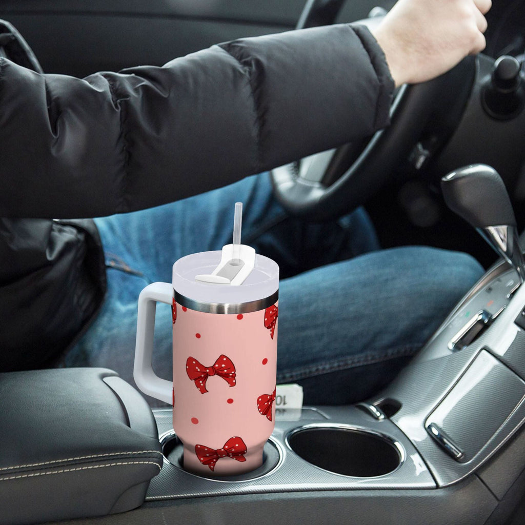 40 oz Insulated Stainless Steel Tumbler Double Wall Stainless Steel Tumbler with 2-Way Drinking Red Bows and Polka Dots Edition-RGW3