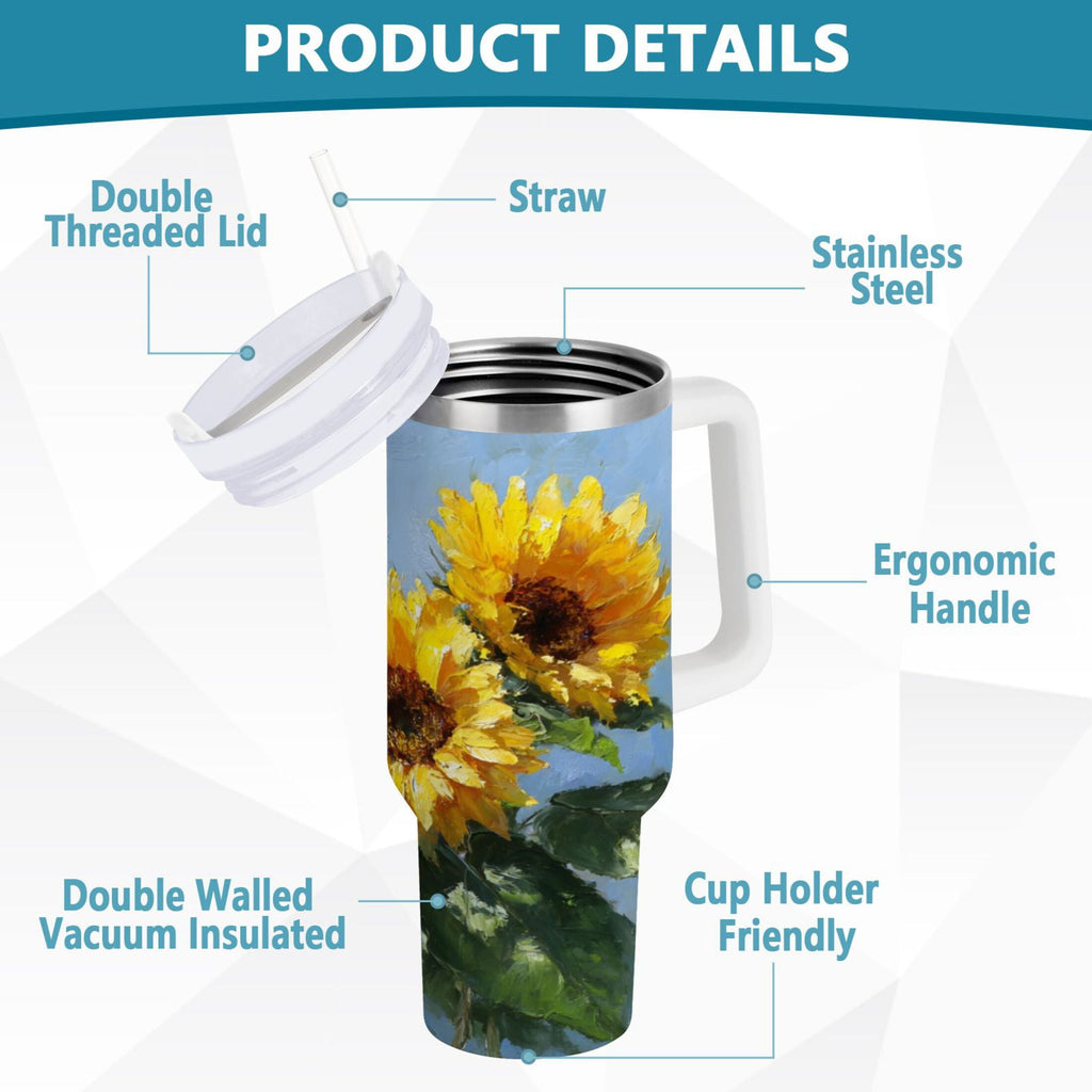 40 oz Insulated Stainless Steel Tumbler Double Wall Stainless Steel Tumbler with 2-Way Drinking Sunflowers Painting Edition-HYAQ