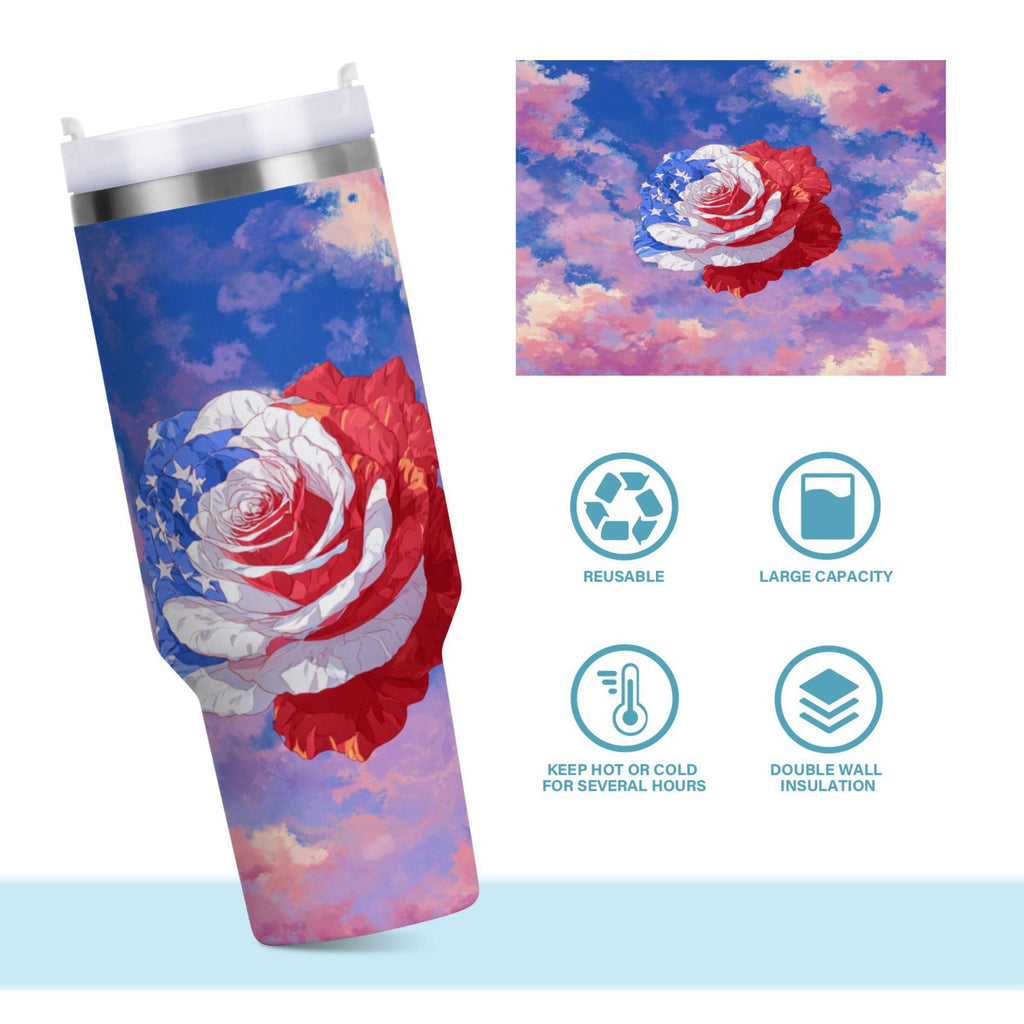 30 oz Insulated Stainless Steel Tumbler Double Wall Stainless Steel Tumbler with 2-Way Drinking Rose with Flag Pattern Edition-OTL2