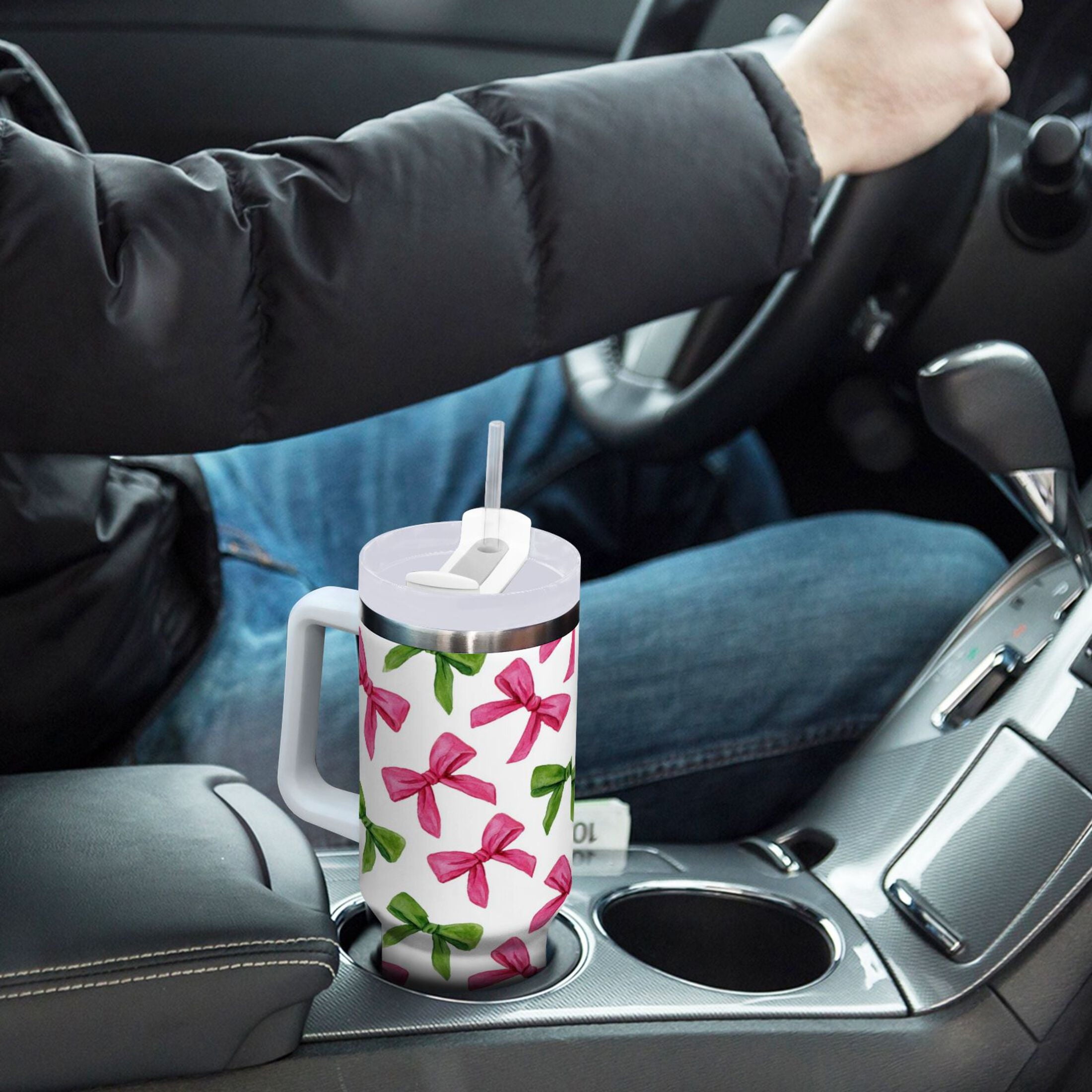 30 oz Insulated Stainless Steel Tumbler Double Wall Stainless Steel Tumbler with 2-Way Drinking Pink Bows and Green Ribbons Edition-SBOP