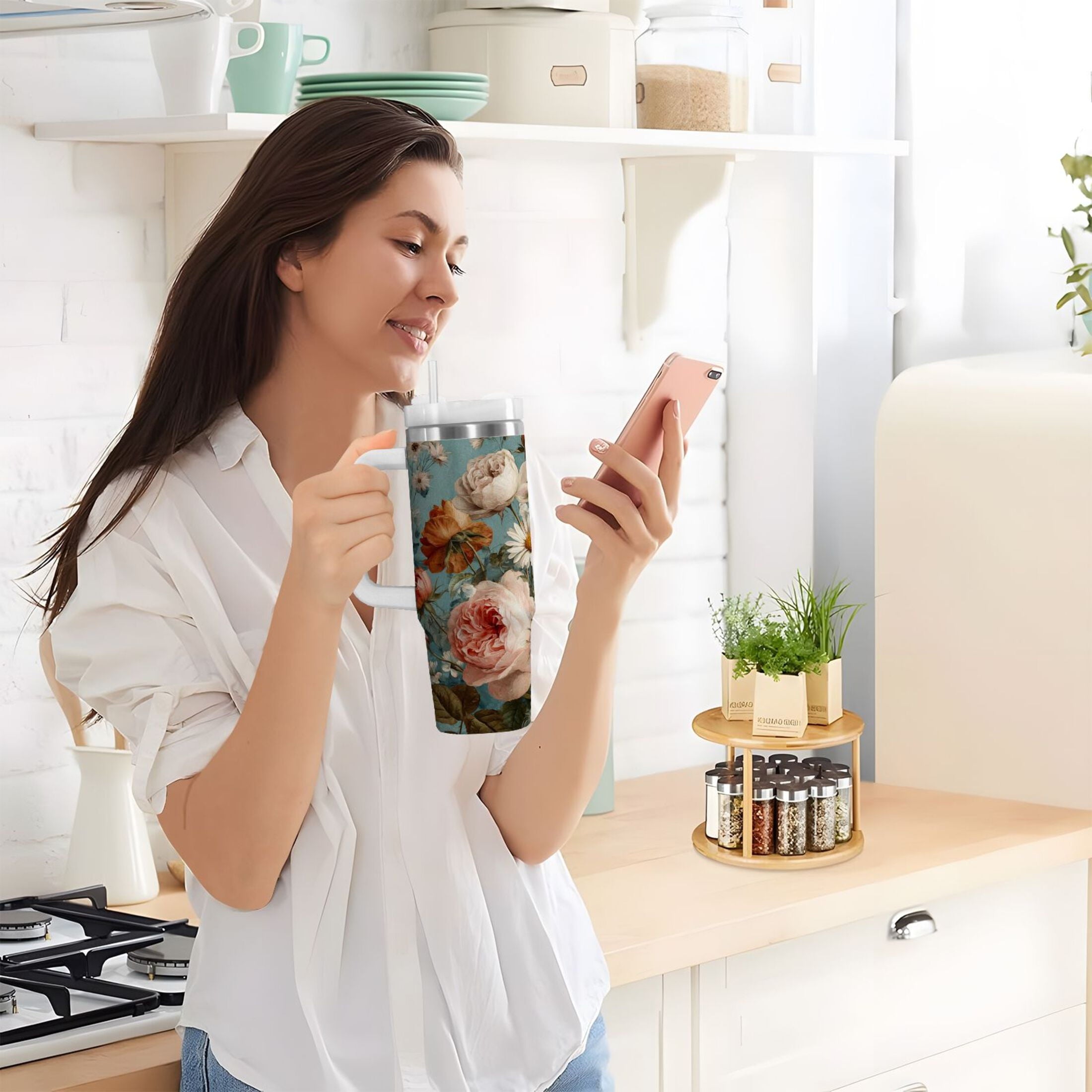 30 oz Insulated Stainless Steel Tumbler Double Wall Stainless Steel Tumbler with 2-Way Drinking Vintage Roses and Peonies Edition-I8MW