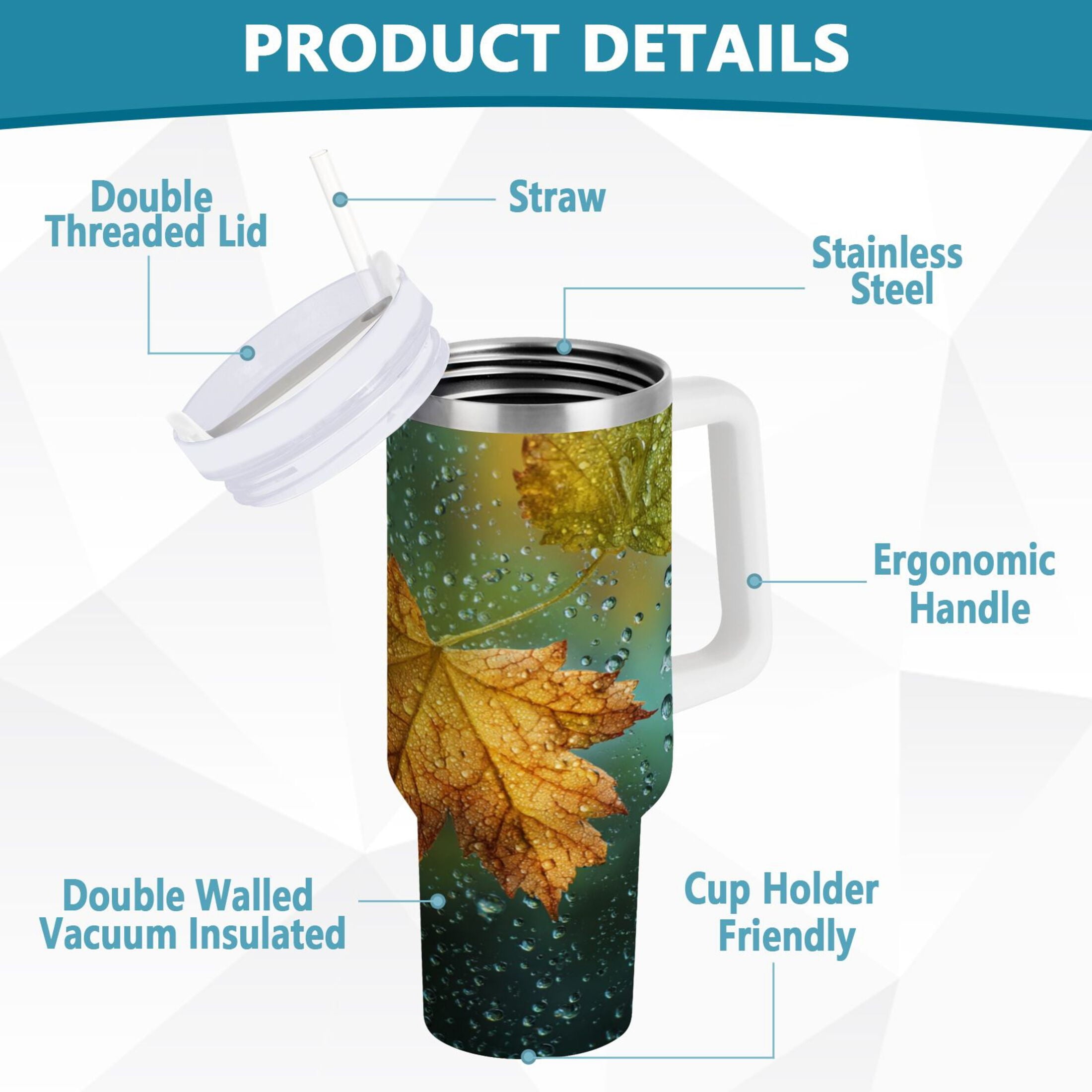30 oz Insulated Stainless Steel Tumbler Double Wall Stainless Steel Tumbler with 2-Way Drinking Leaves with Water Droplets Edition-4Z0Q