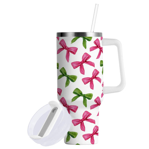 30 oz Insulated Stainless Steel Tumbler Double Wall Stainless Steel Tumbler with 2-Way Drinking Pink Bows and Green Ribbons Edition-SBOP